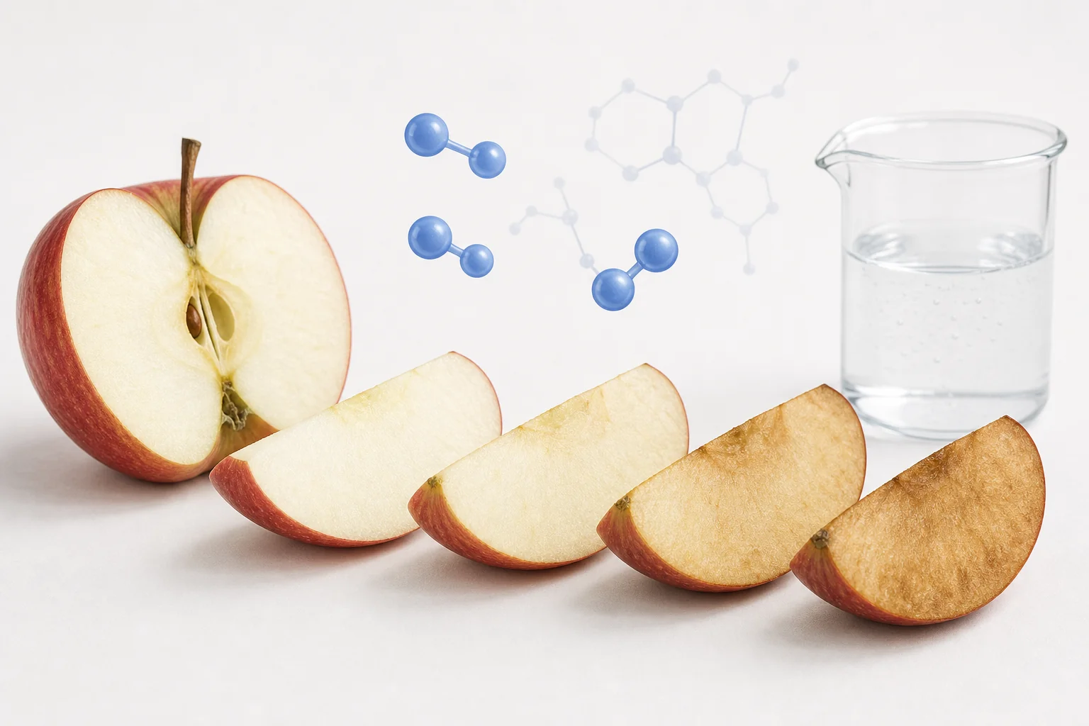 A cut apple slice changing from pale white to brown as oxygen from air reaches the exposed fruit cells.