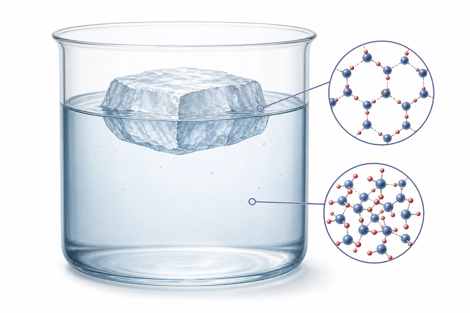 Ice cubes floating in liquid water with a simple molecular view showing wider spacing in ice than in water.