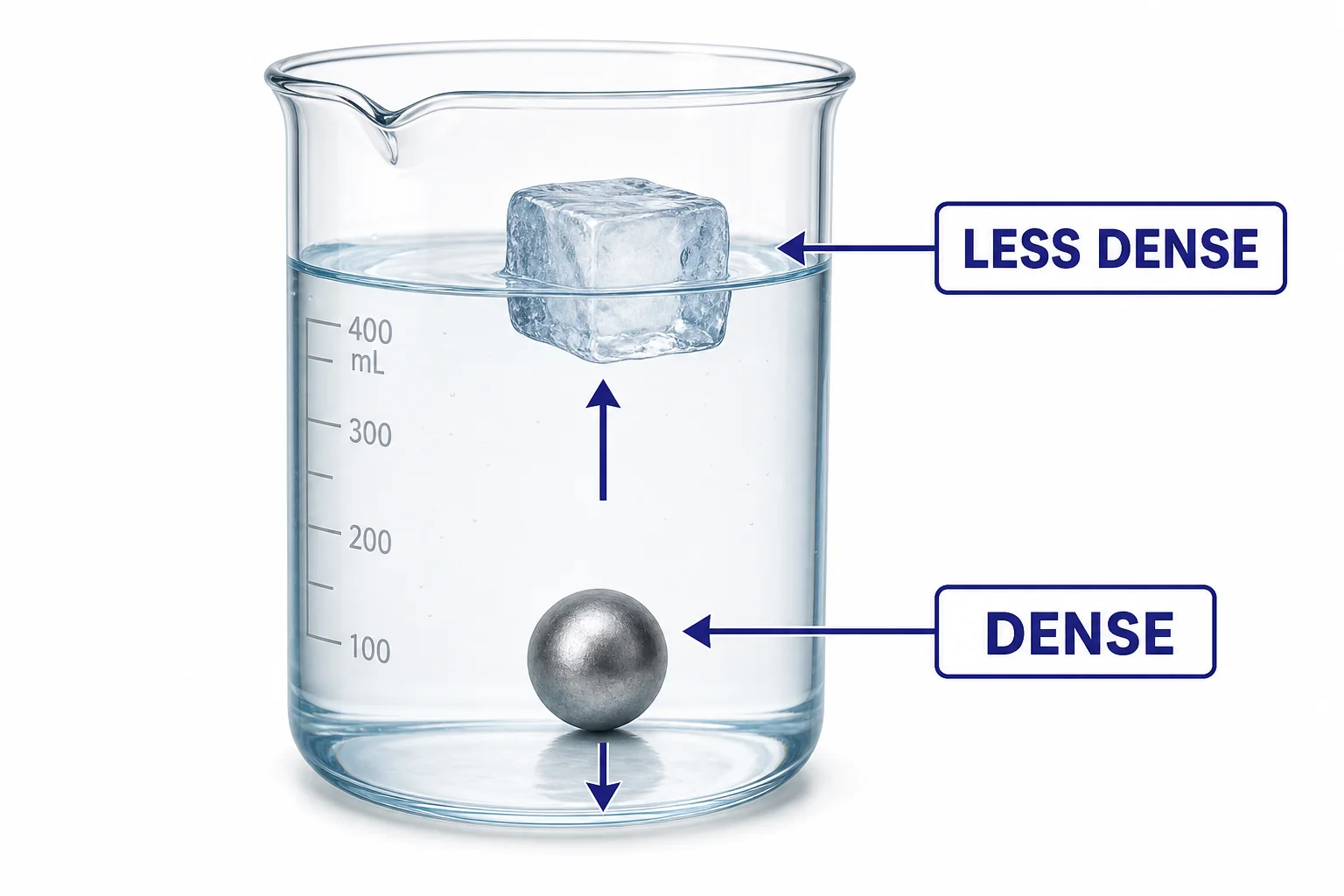 A simple comparison of a sinking dense object and a floating ice cube in water, showing that lower density floats.