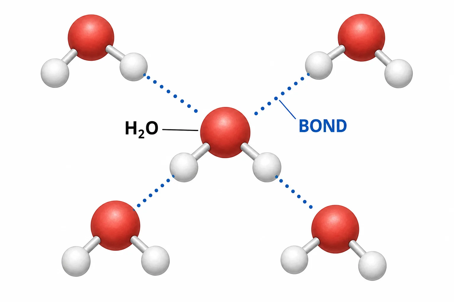 Water molecules with bent shapes and dotted hydrogen bonds between neighboring molecules.