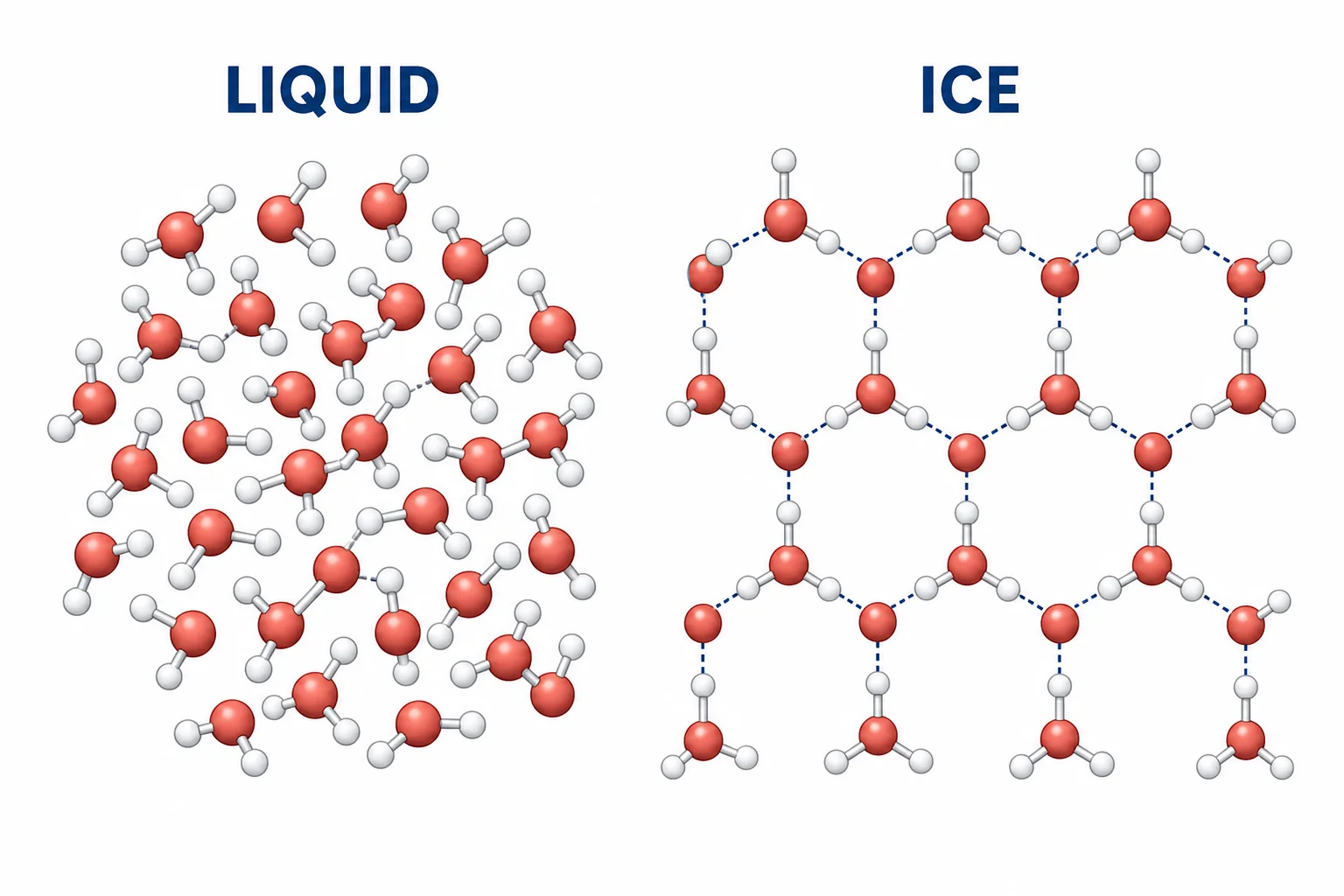 A side-by-side view of closely spaced liquid water molecules and widely spaced ice crystal molecules.