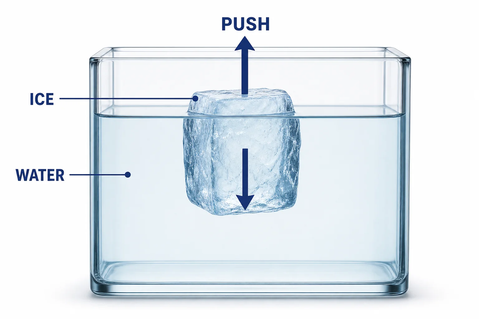 An ice cube floating with most of its volume below the water surface and arrows showing gravity and buoyancy.