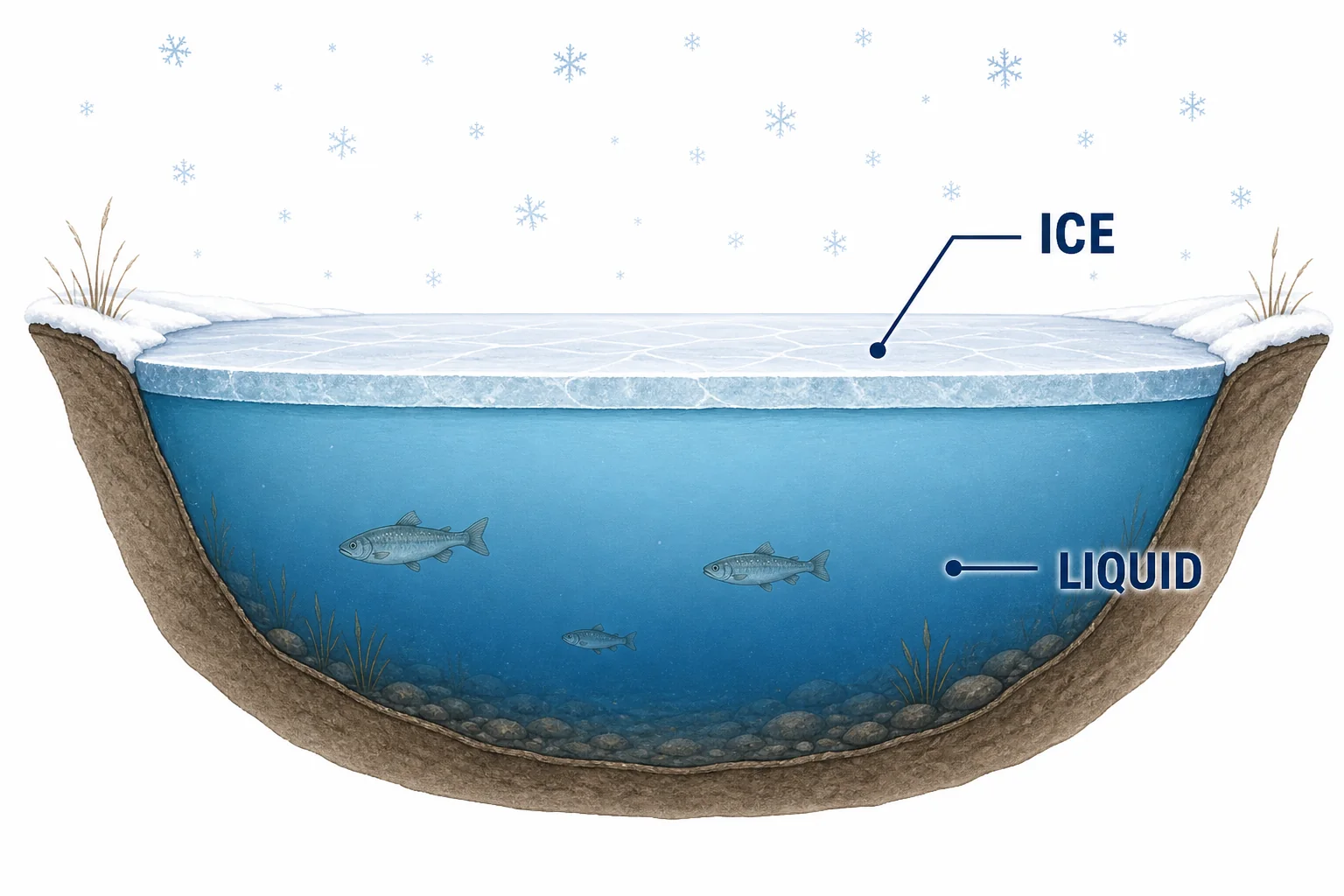 A winter lake cross section with ice floating on top and liquid water with fish below.
