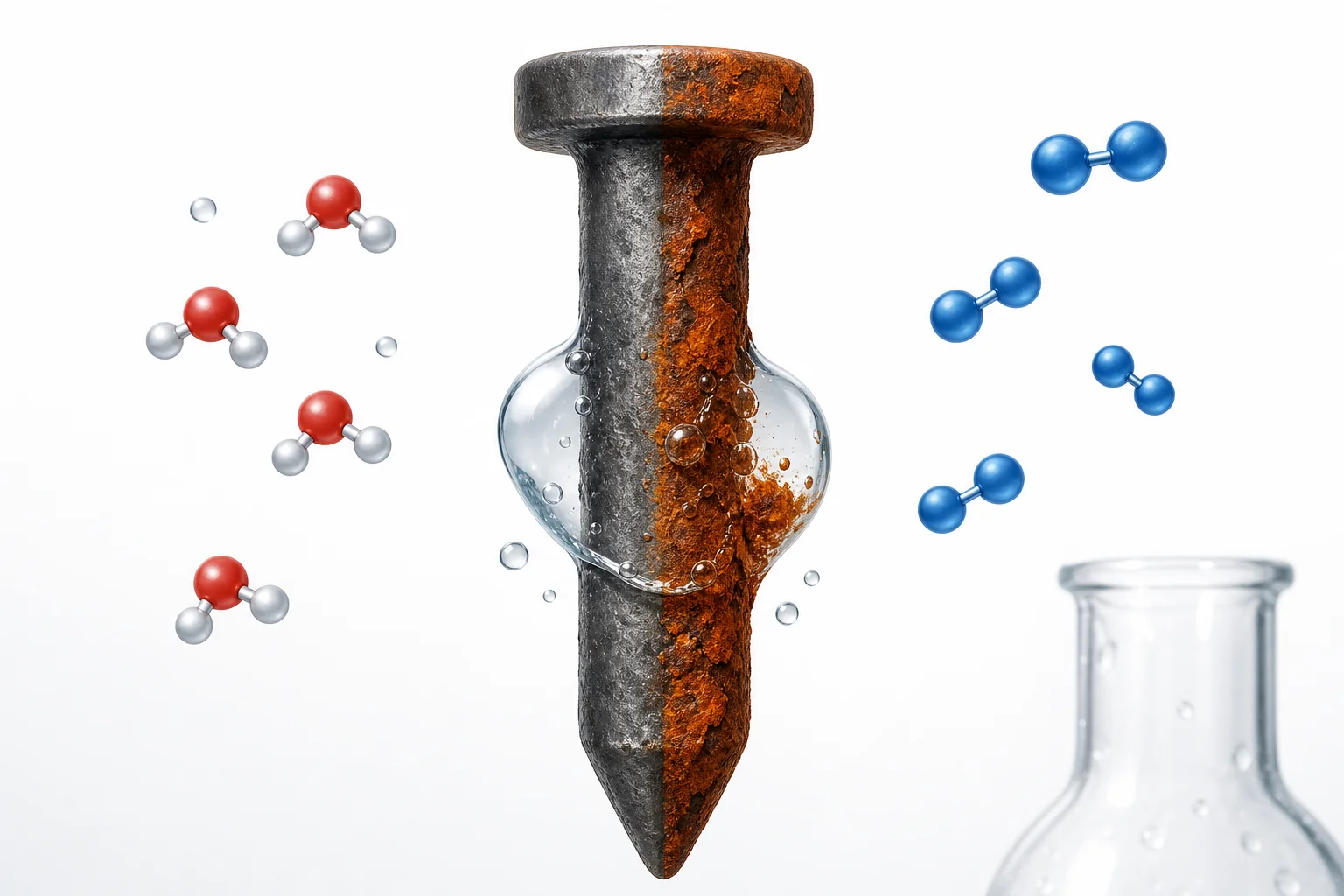 Iron nail partly covered with reddish rust, with water droplets and oxygen molecules shown near the metal surface.