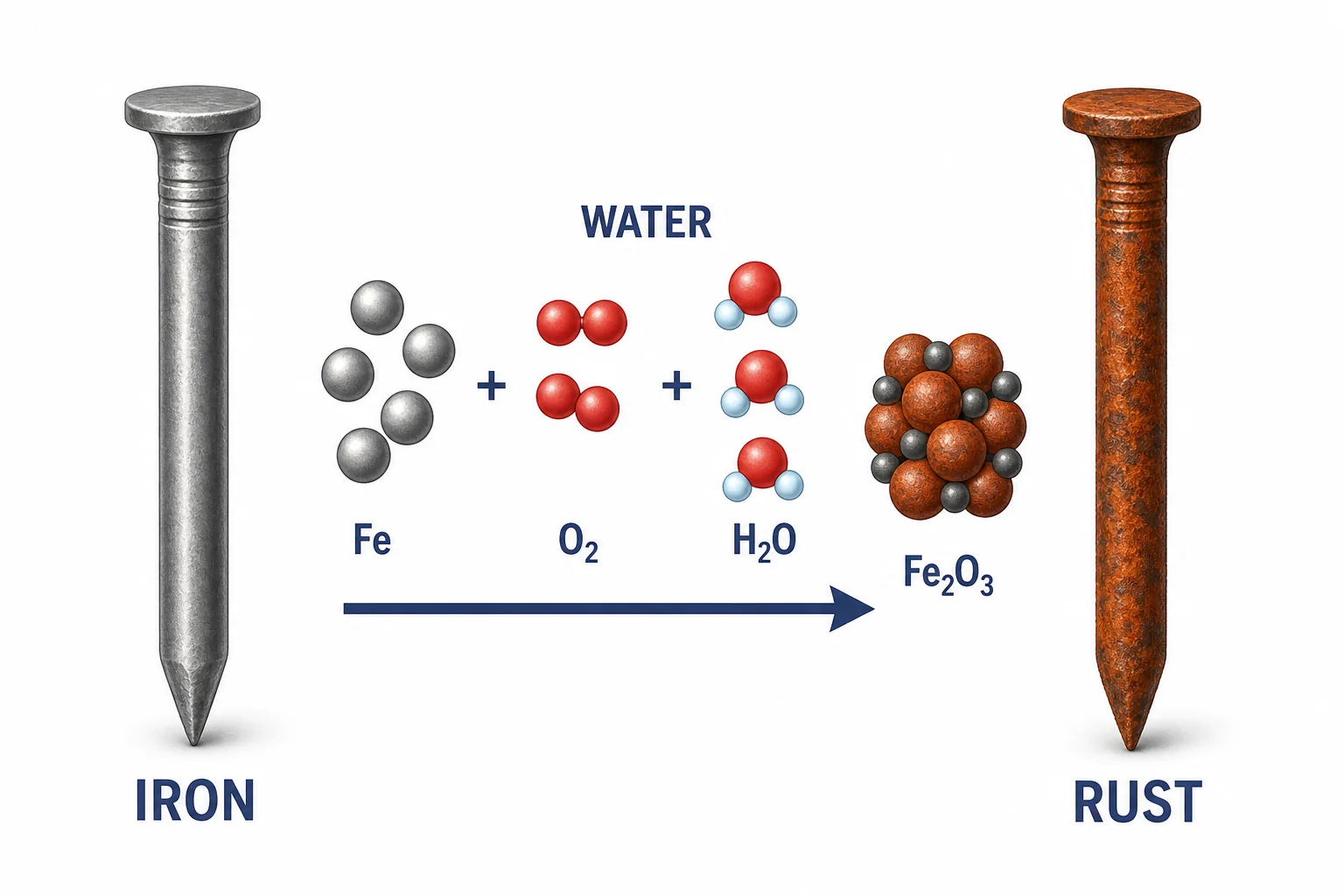 Clean gray iron changes into reddish brown iron oxide with atoms shown rearranging during the reaction.