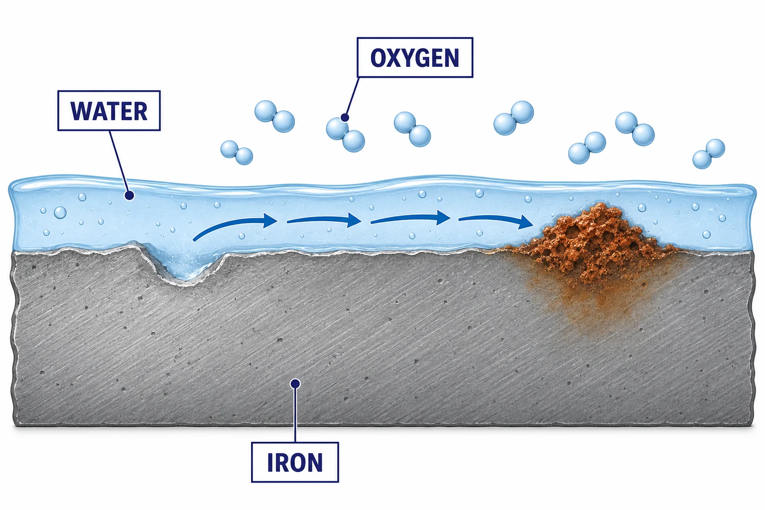 Thin layer of water on iron allows charged particles to move between two small reaction sites on the metal surface.
