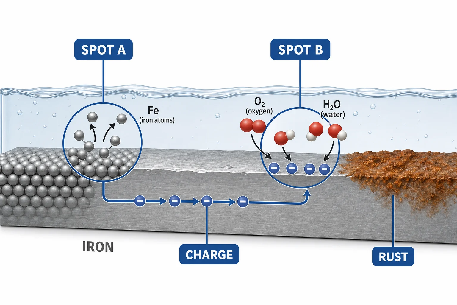 Wet iron surface shown as tiny connected reaction sites with charge movement through metal and water.