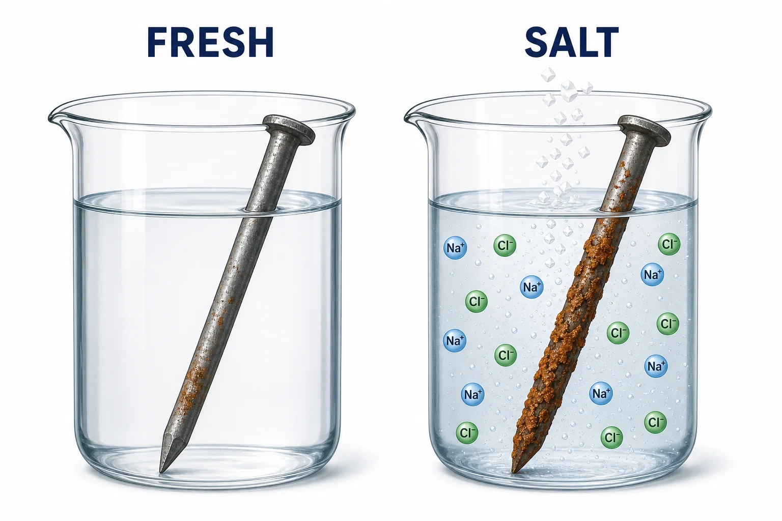 Comparison of two iron nails, one in fresh water with little rust and one in salt water with more rust.
