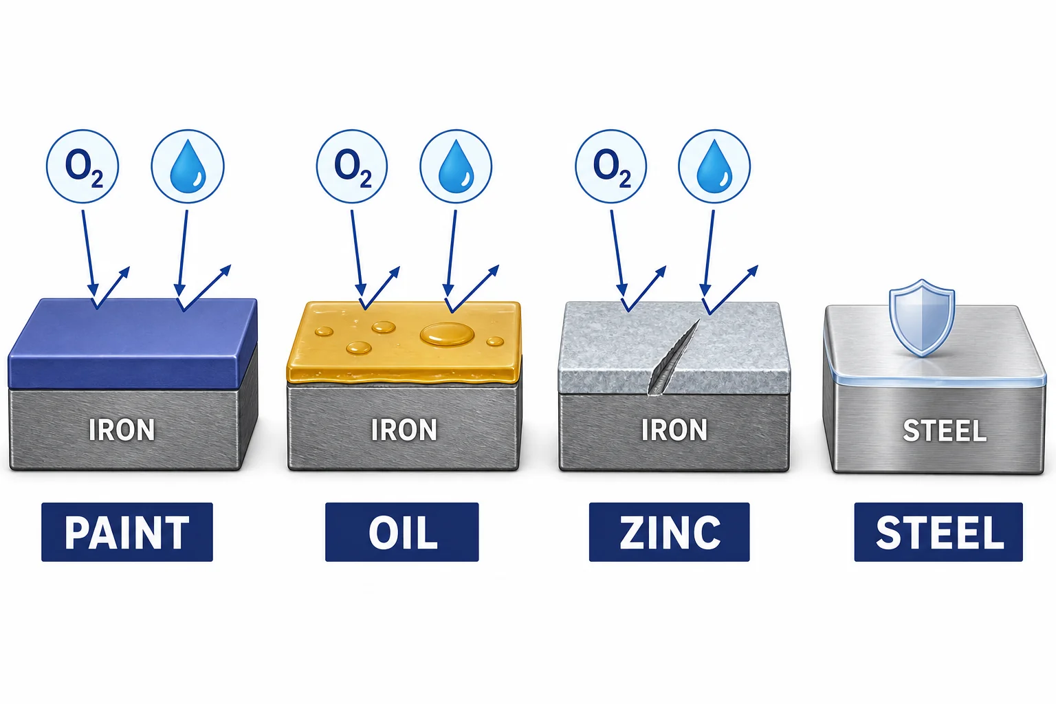 Four rust prevention methods shown on iron surfaces, including paint, oil, zinc coating, and stainless steel protective layer.