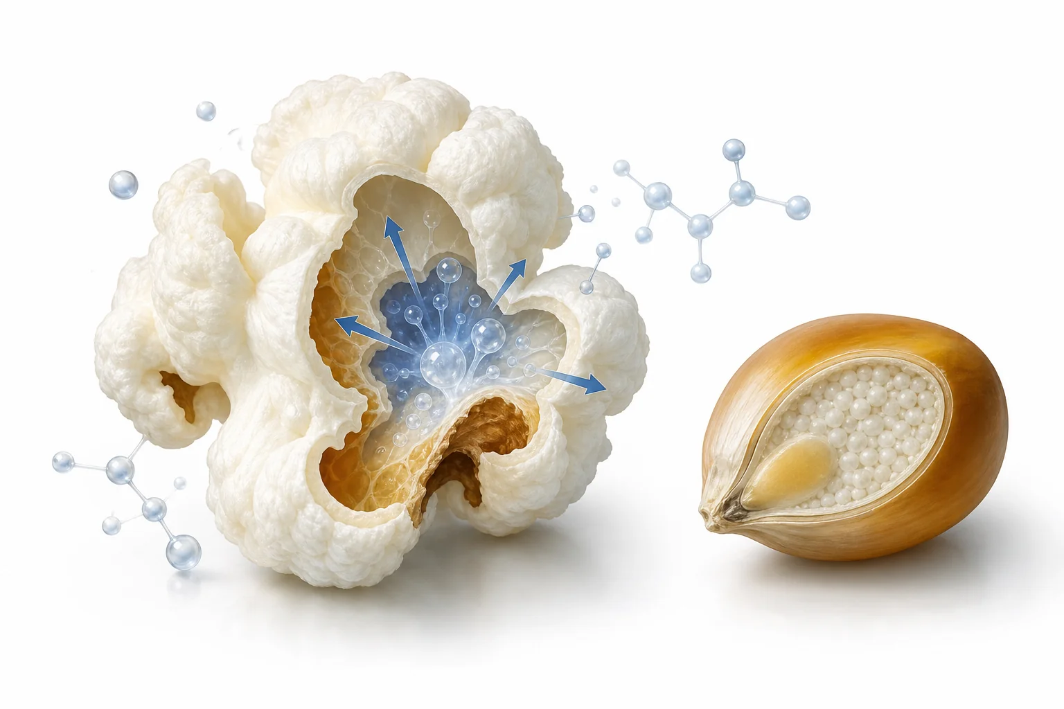A popcorn kernel cut open to show water and starch inside the hard outer shell before it pops.