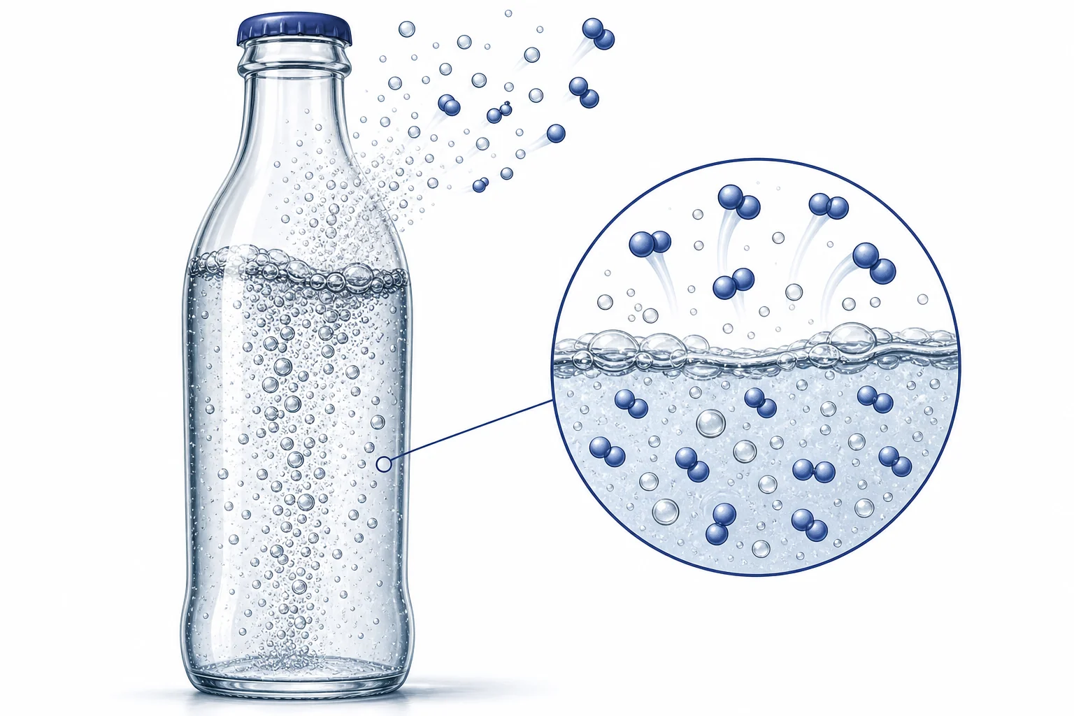 A soda bottle and glass showing carbon dioxide bubbles leaving the liquid after the bottle is opened.