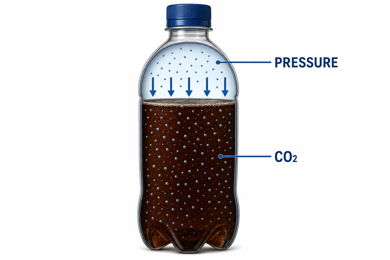 A sealed soda bottle cutaway showing carbon dioxide particles dissolved in the liquid and gas pressure in the space above it.