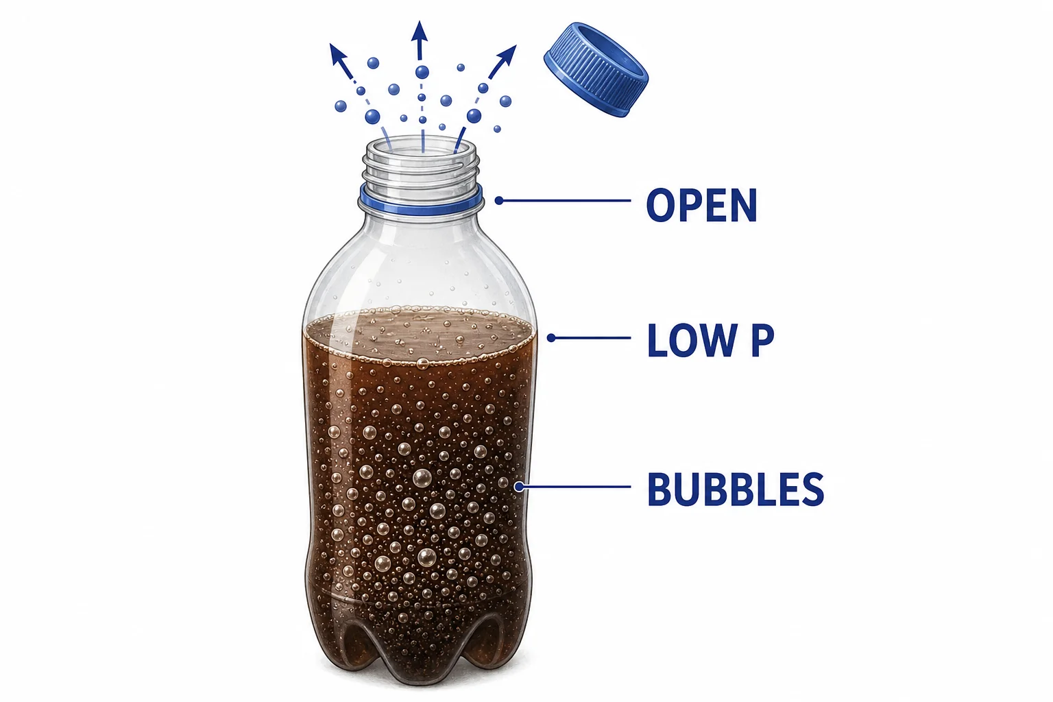An opened soda bottle showing gas escaping from the top and bubbles forming in the liquid after pressure drops.