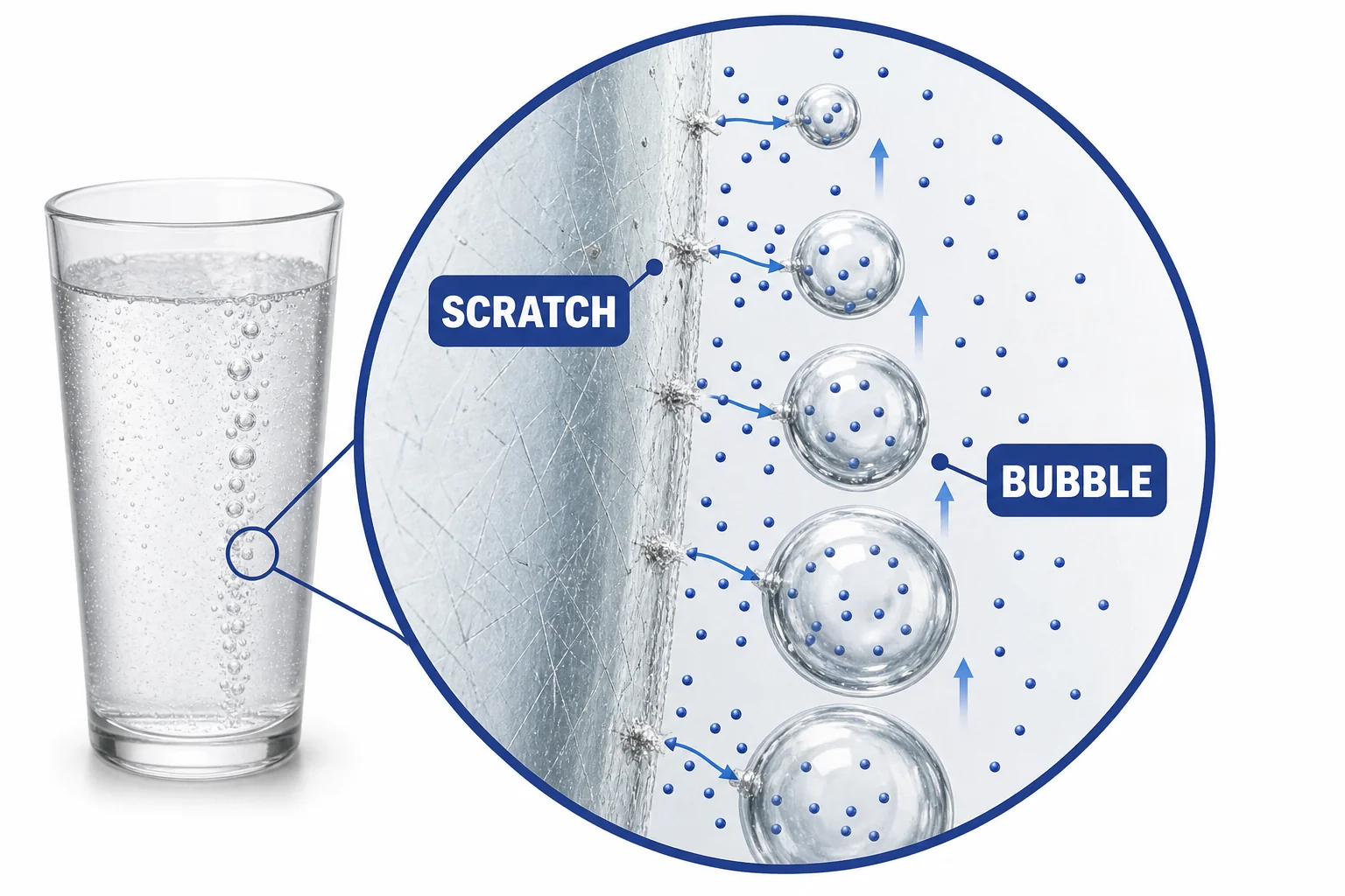 A close-up of soda near a rough surface where bubbles form at scratches and rise upward.