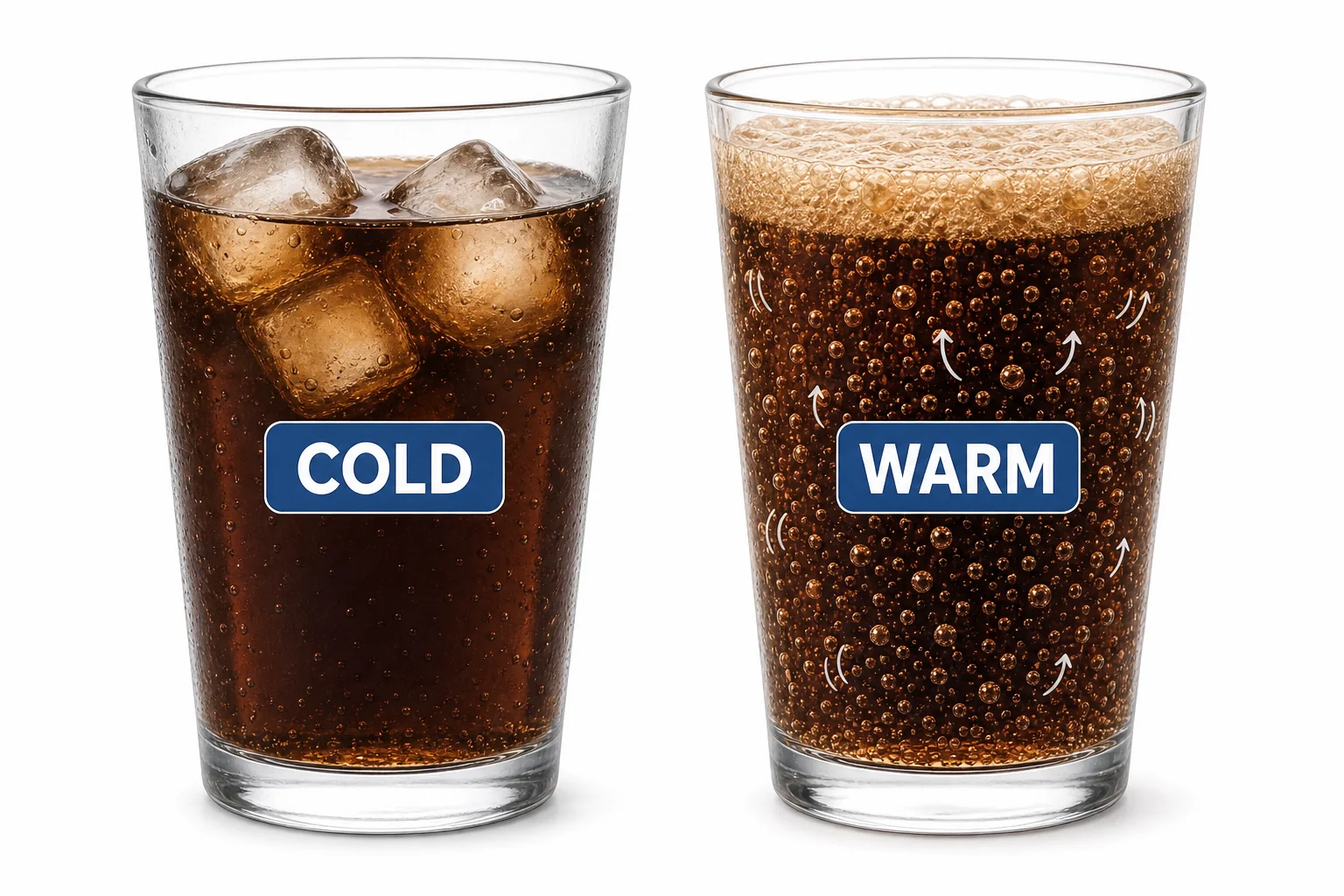 Two soda glasses comparing cold soda with fewer bubbles and warm soda with many escaping bubbles.