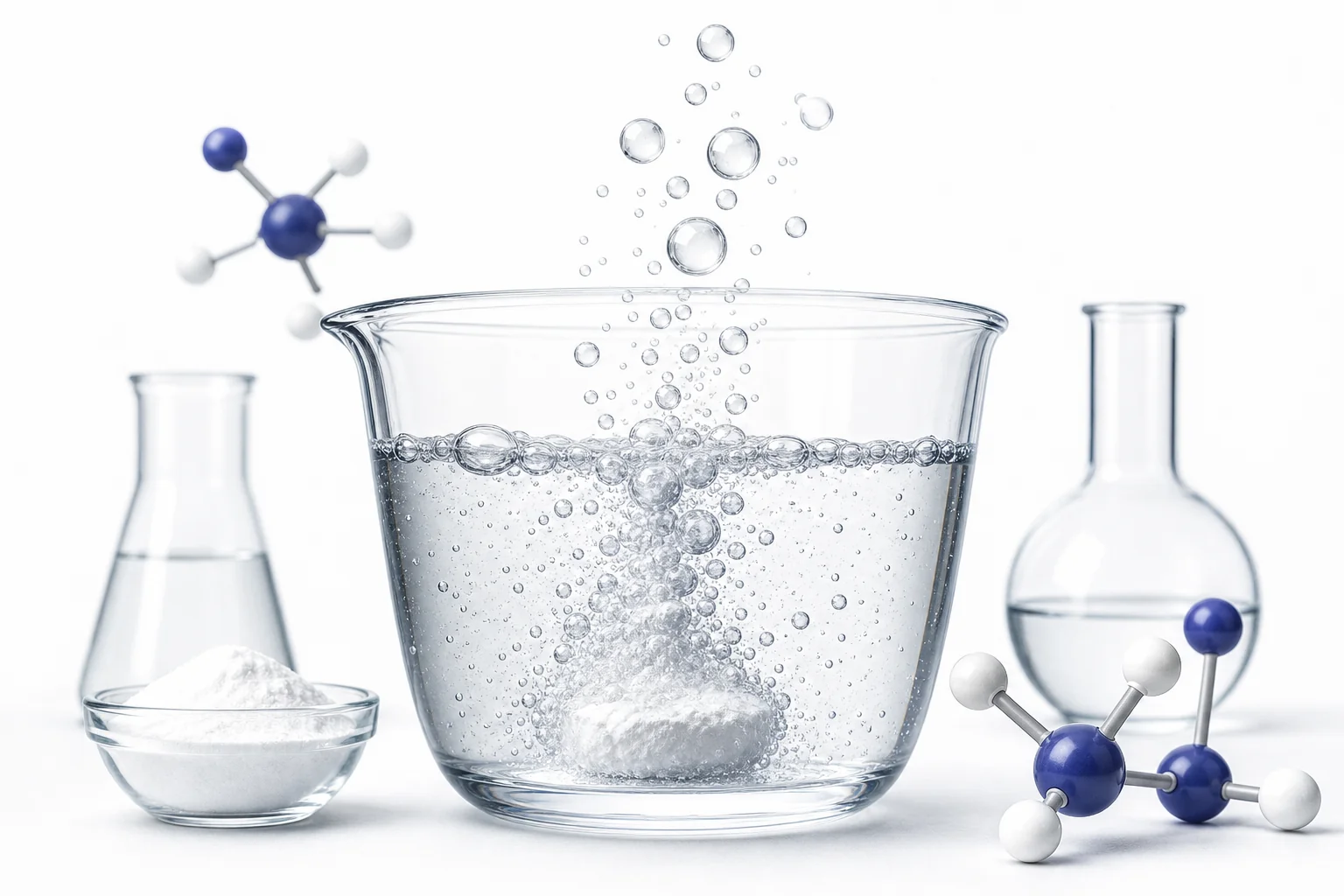 A clear cup with vinegar and baking soda bubbling as carbon dioxide gas forms during a chemical reaction