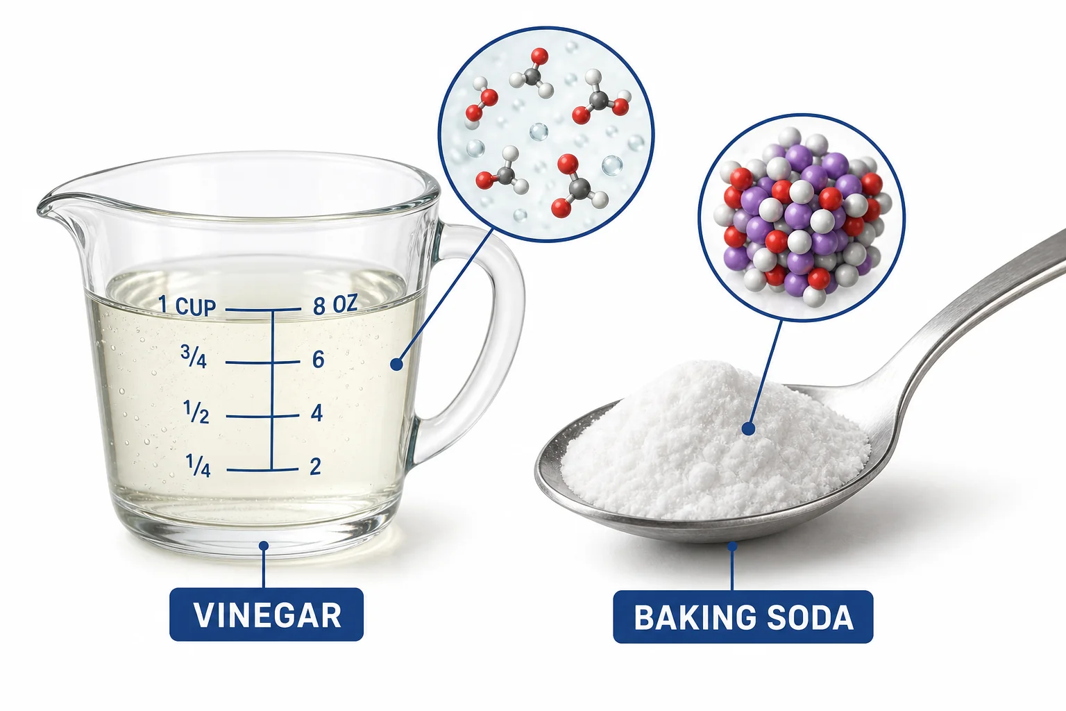 A cup of vinegar beside a spoonful of baking soda with simple particle zooms showing liquid acid particles and solid bicarbonate particles
