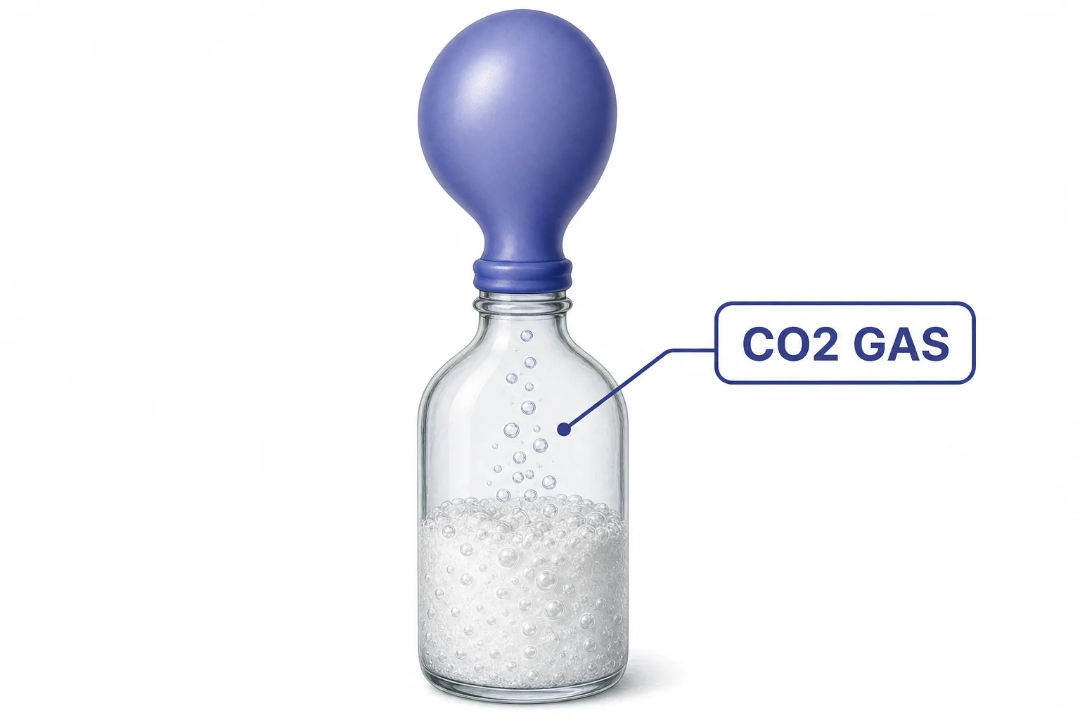 Carbon dioxide bubbles rising from a vinegar and baking soda mixture and filling a small balloon attached to a bottle