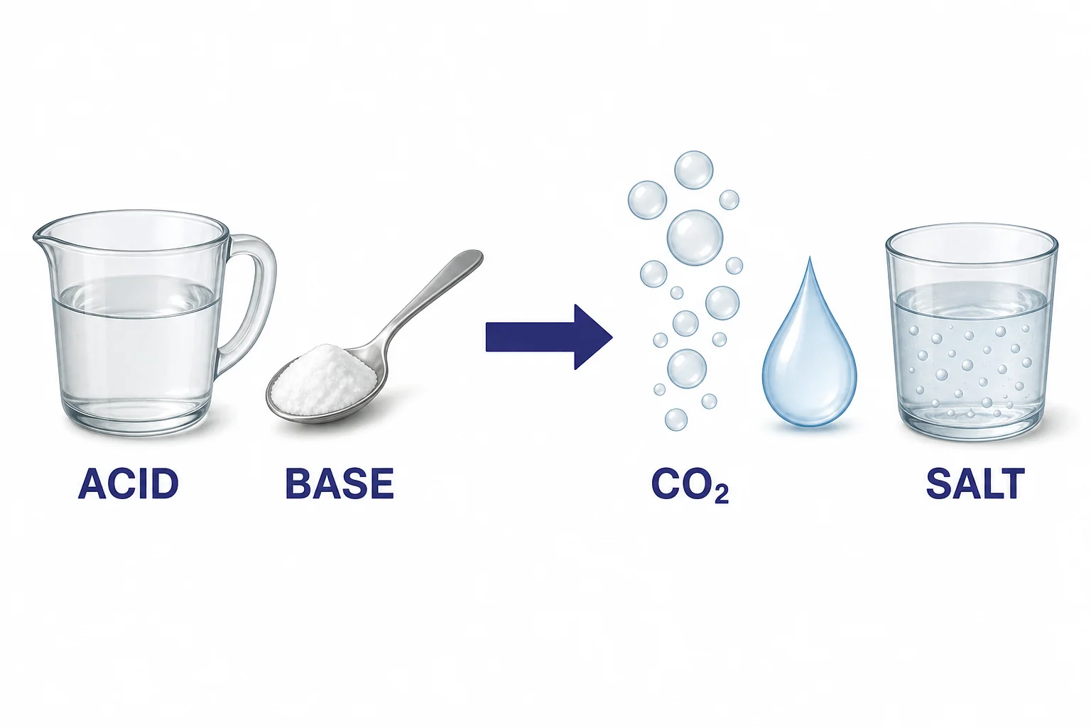 A simple reaction diagram showing vinegar and baking soda changing into carbon dioxide bubbles, water, and dissolved sodium acetate