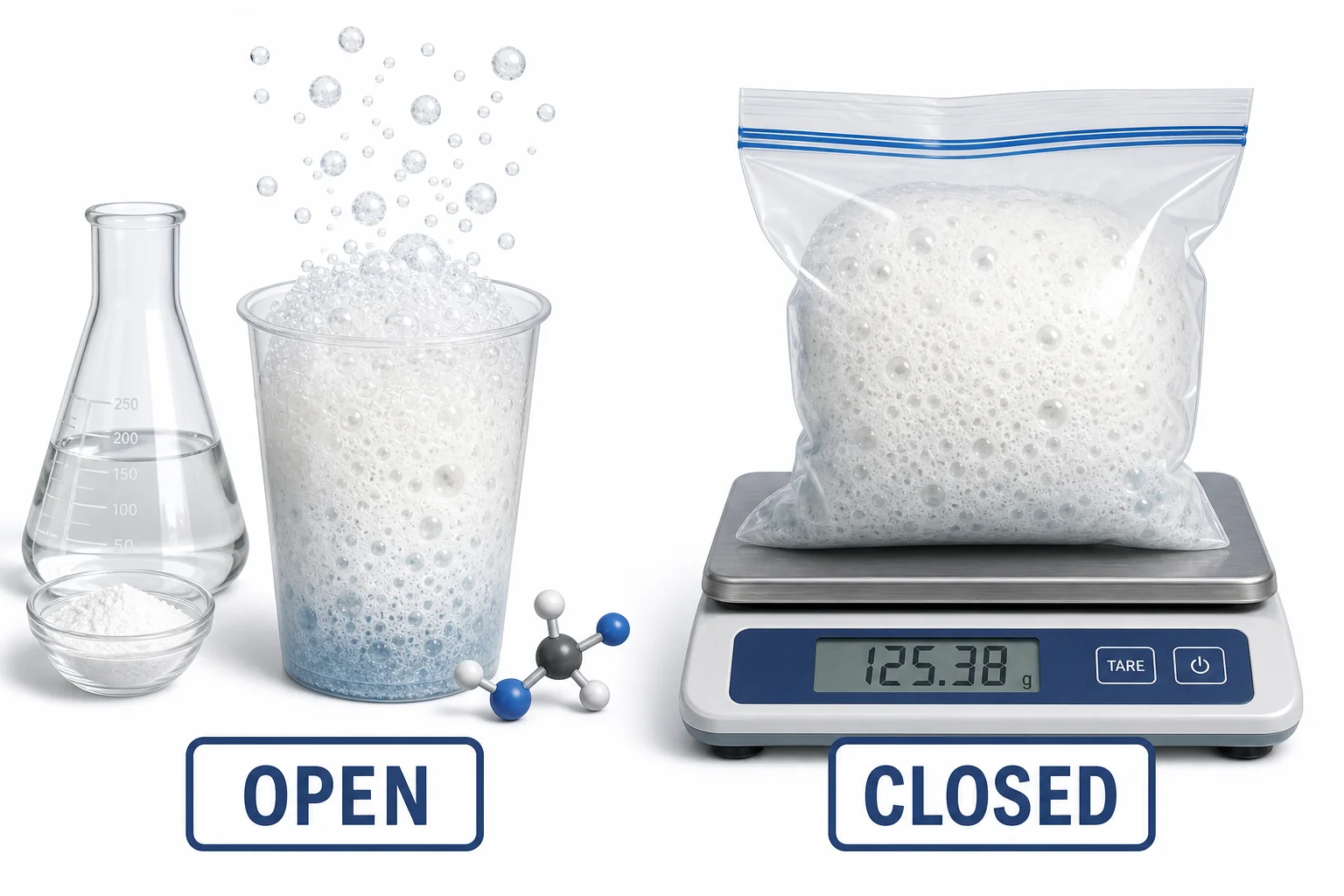 Two setups comparing an open cup where gas escapes and a sealed bag that inflates while keeping the gas inside