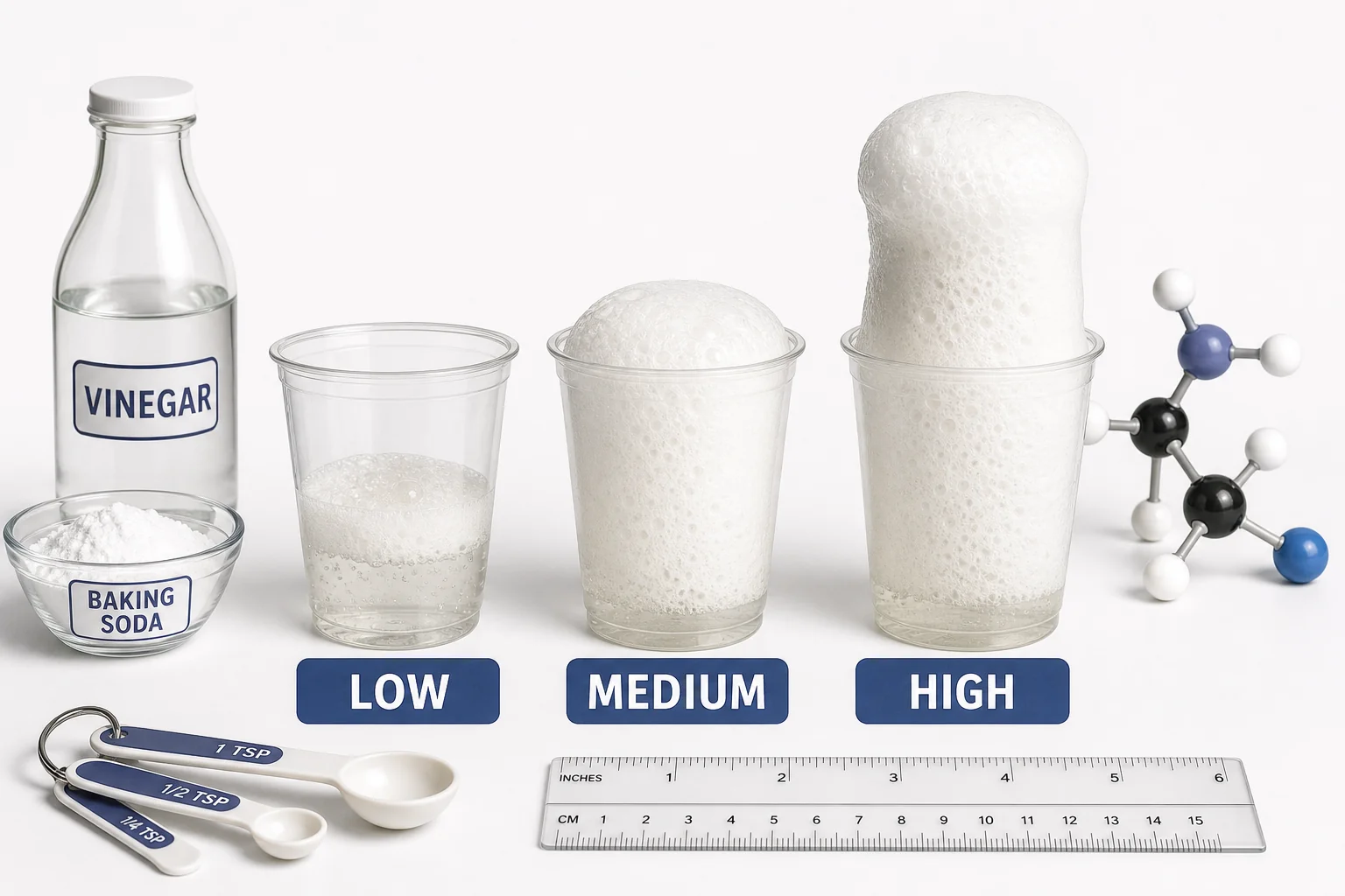 Three cups with different amounts of baking soda and vinegar producing small, medium, and large amounts of foam