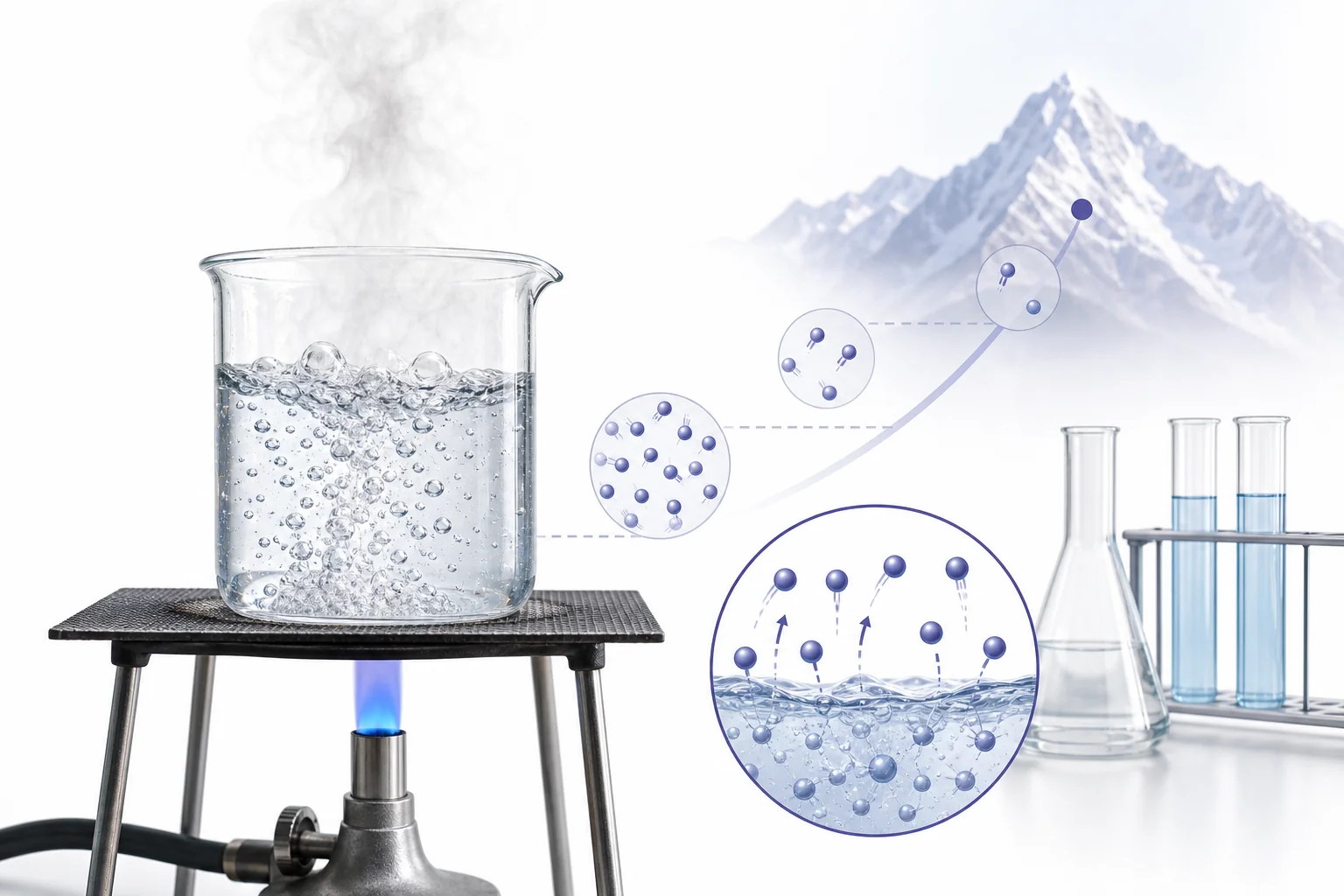 A pot of water boiling on a mountain stove with a lower atmospheric pressure gauge beside it