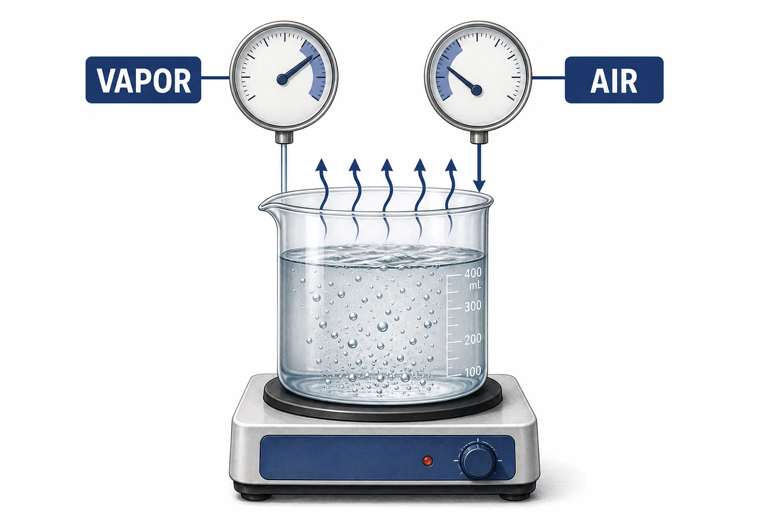 Diagram showing vapor pressure from water matching the air pressure above the liquid as bubbles form