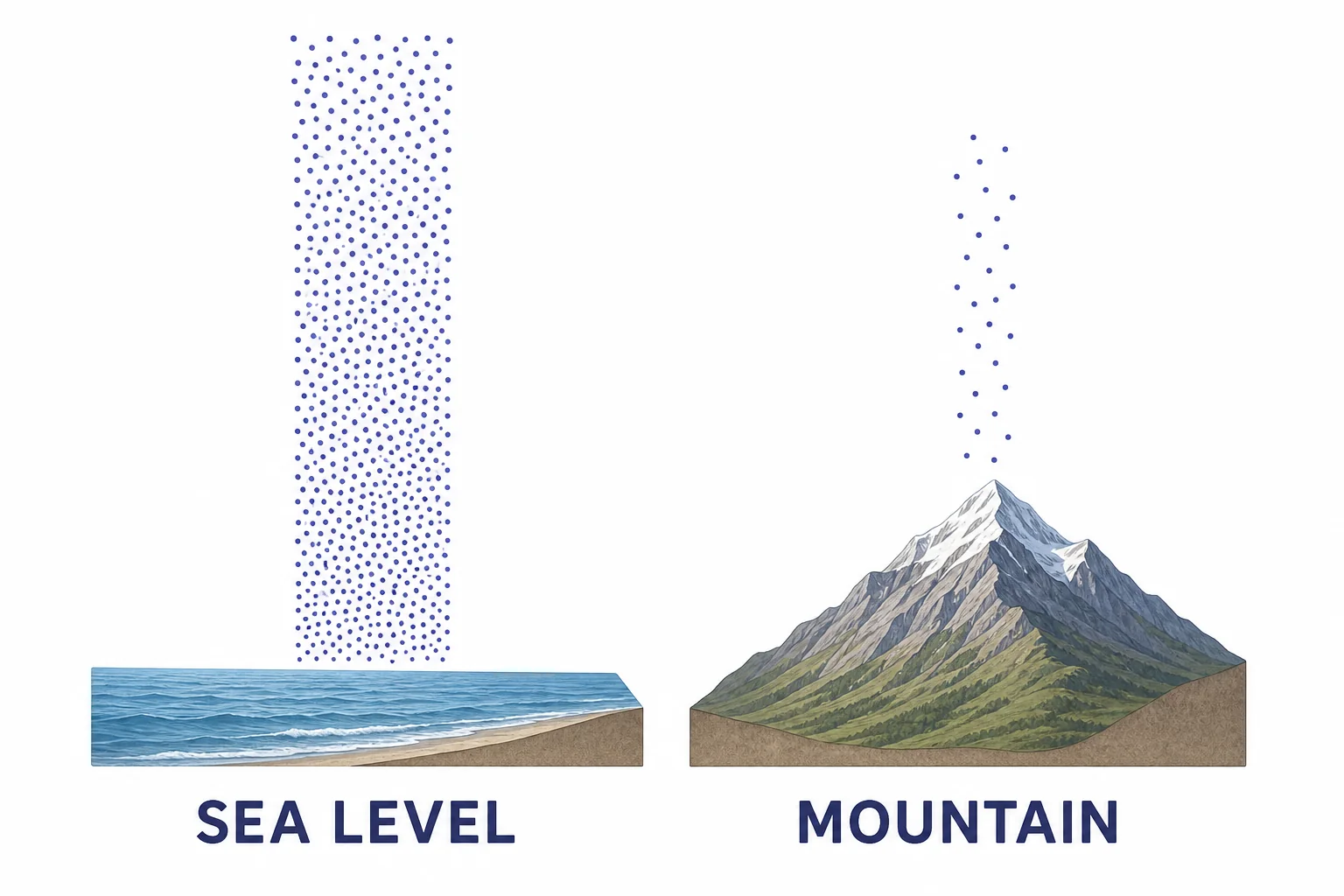 Comparison of a sea level location and a mountain location with different air columns above them