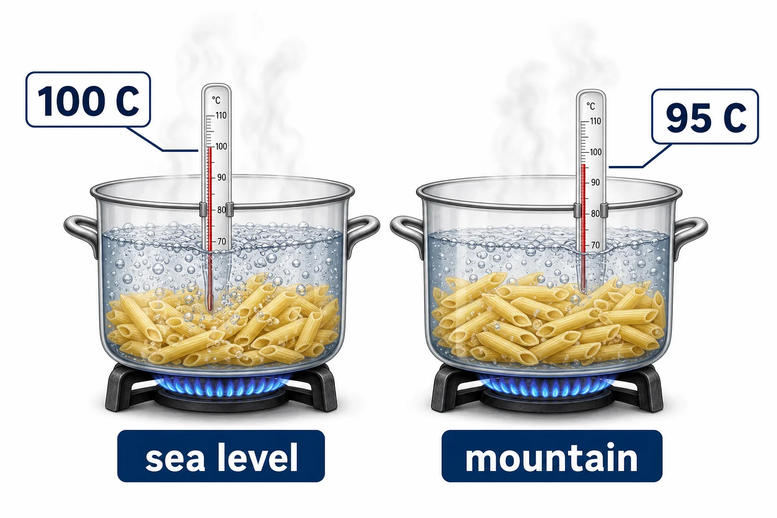 Two pots boiling at different temperatures with pasta cooking more slowly in the cooler high altitude pot