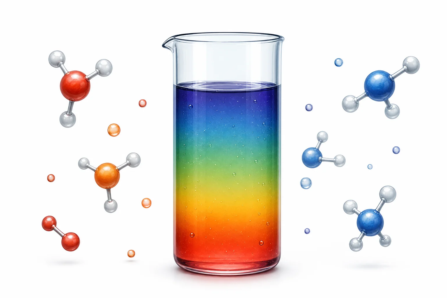A pH scale with beakers showing acidic, neutral, and basic solutions and a student using indicator paper.