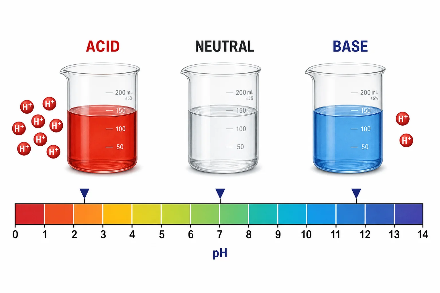 A pH scale from 0 to 14 with acidic solutions on the low end, neutral water at 7, and basic solutions on the high end.