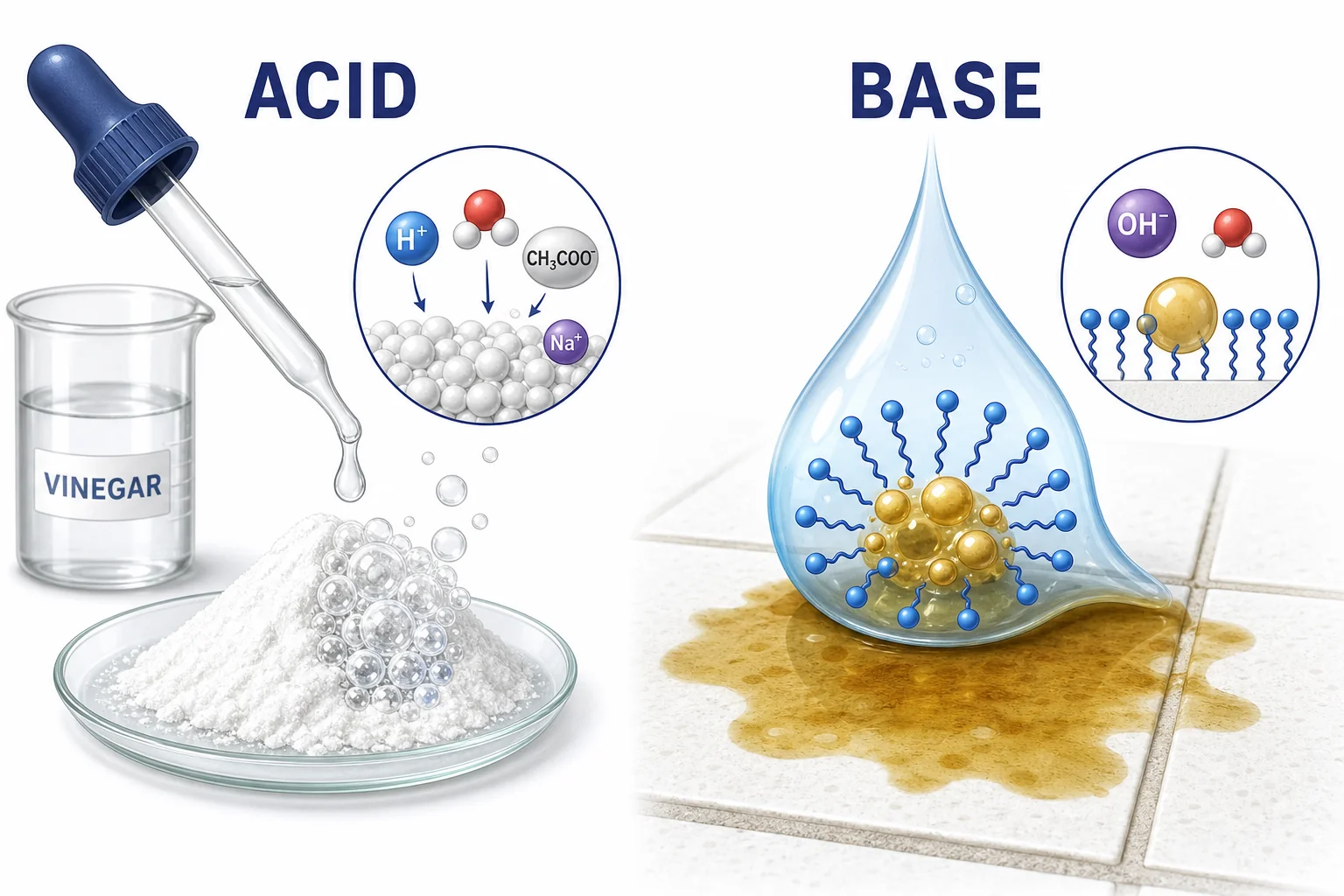 Two simple reactions showing vinegar bubbling with baking soda and a basic cleaner lifting oil from a surface.
