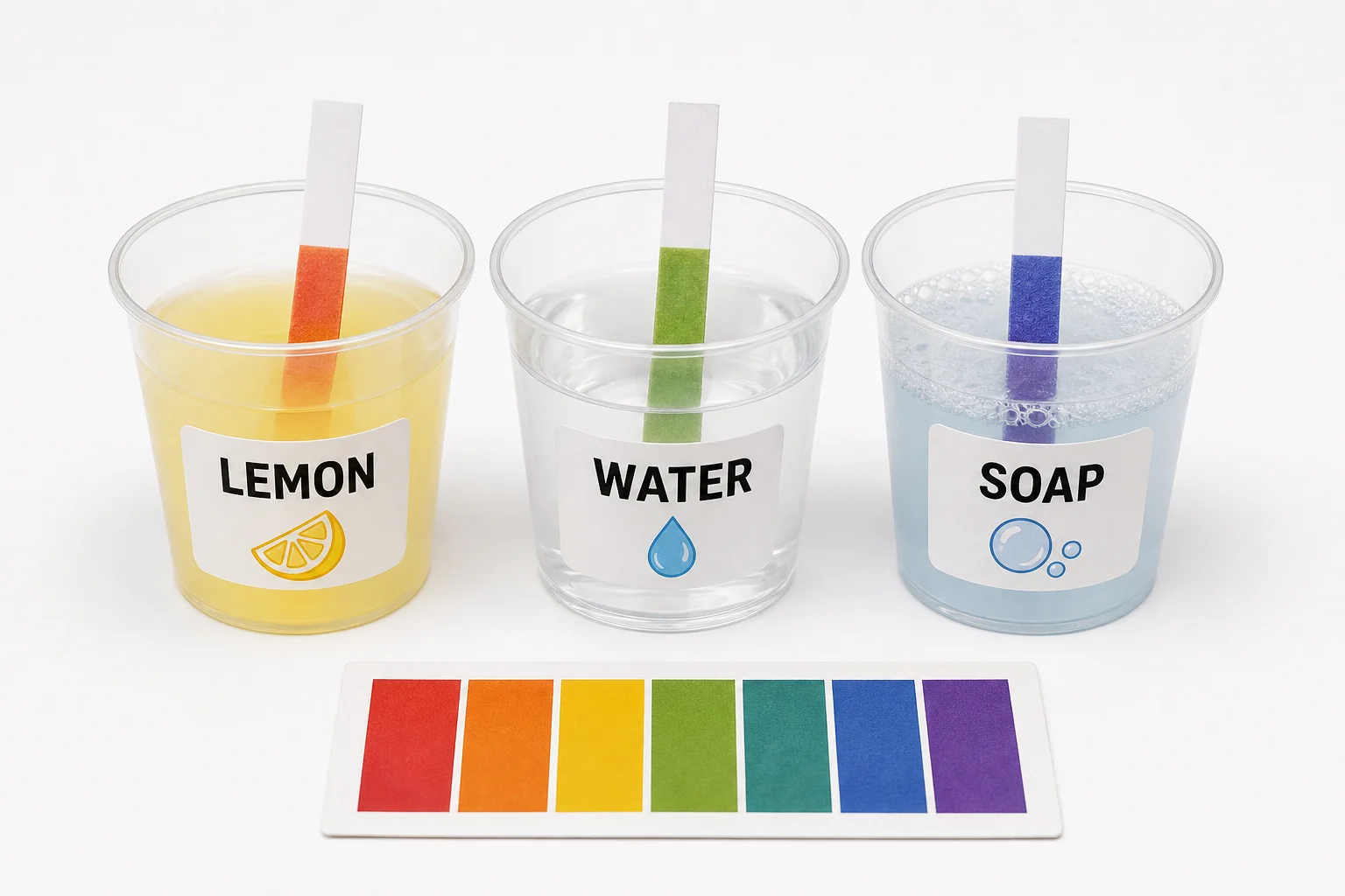 Indicator paper strips changing color after being dipped into lemon juice, water, and soapy water.