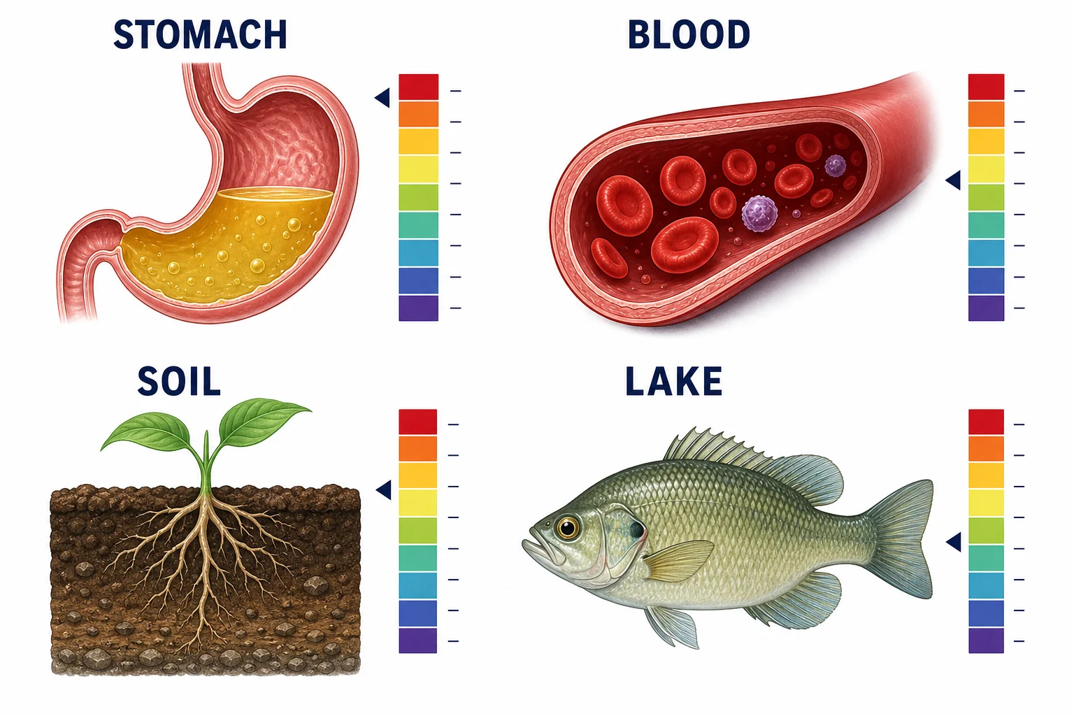 Examples of biological pH ranges including stomach acid, blood, soil near plant roots, and freshwater habitat.