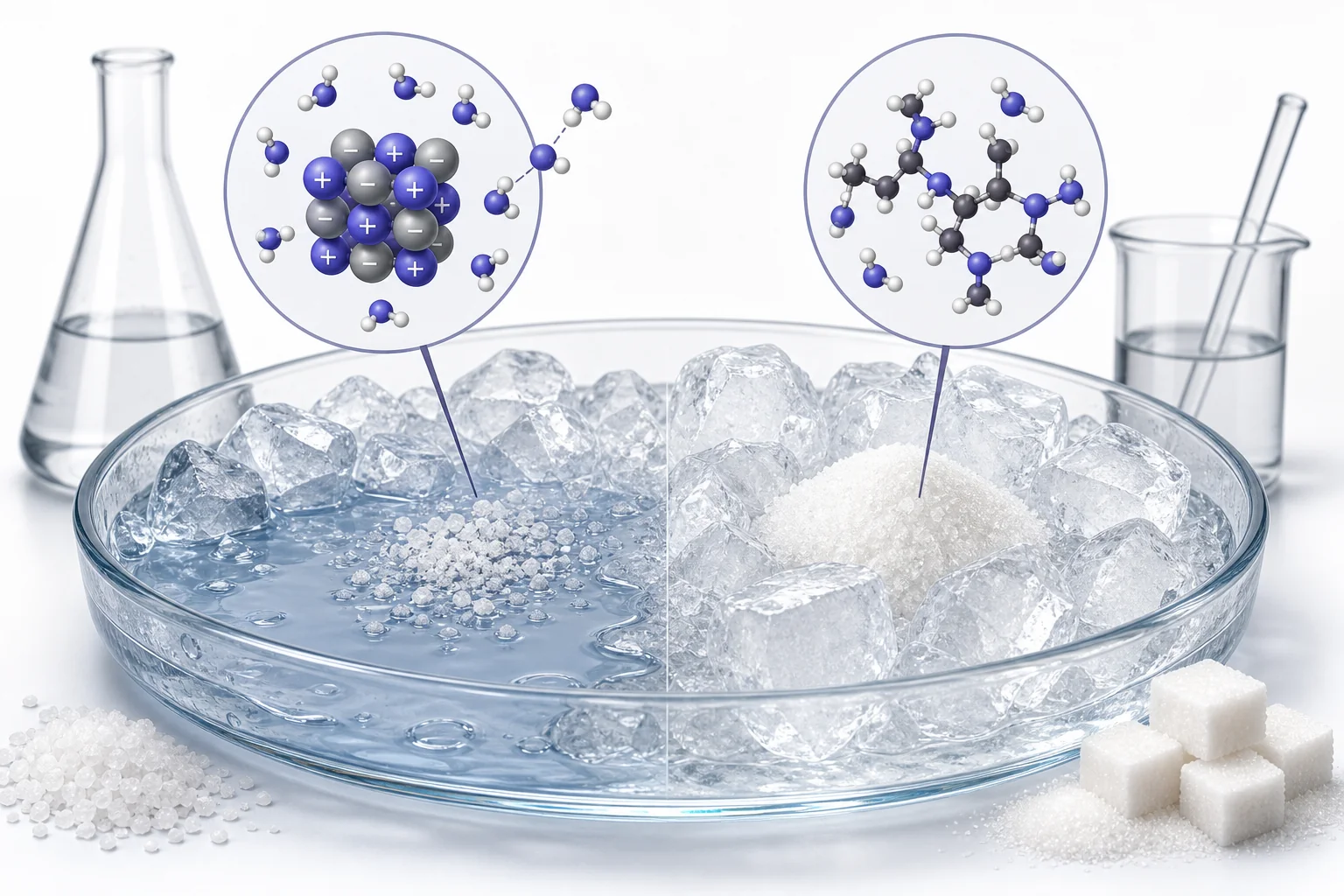 Salt crystals and sugar crystals shown beside melting ice to compare how different dissolved substances affect freezing.