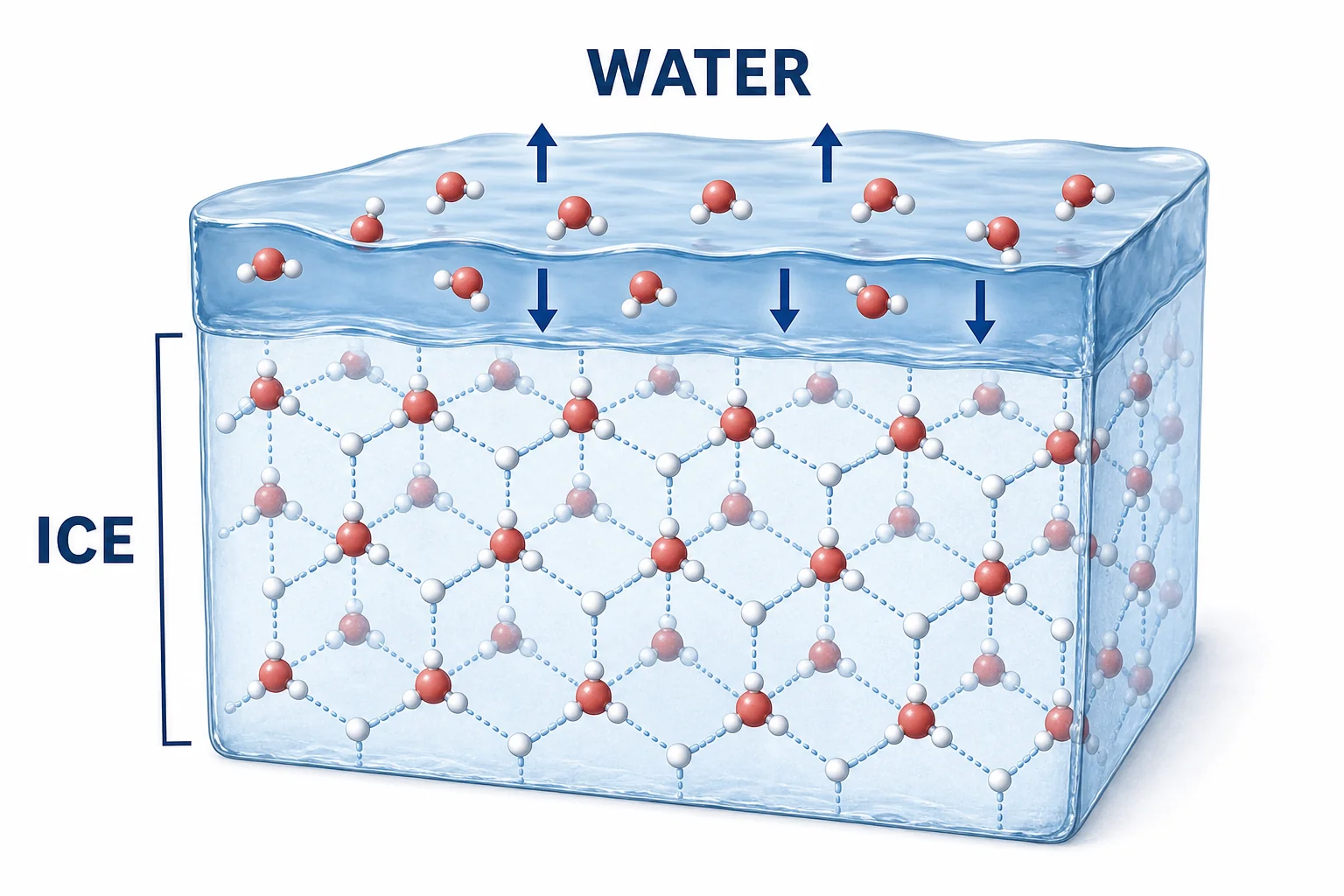 A close view of an ice surface with a thin liquid water layer and water molecules moving between solid ice and liquid water.