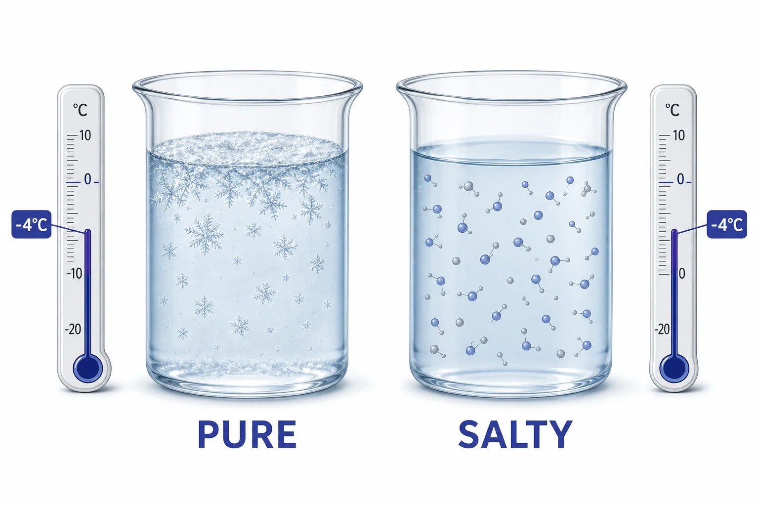 A comparison of pure water freezing at 0 degrees Celsius and salty water remaining liquid below 0 degrees Celsius.