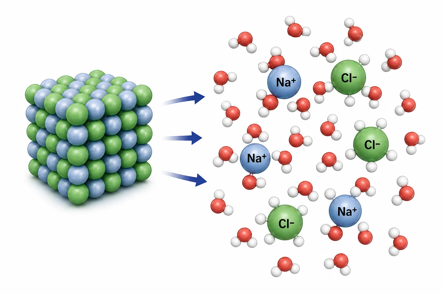 Sodium chloride crystal dissolving into separate sodium ions and chloride ions surrounded by water molecules.
