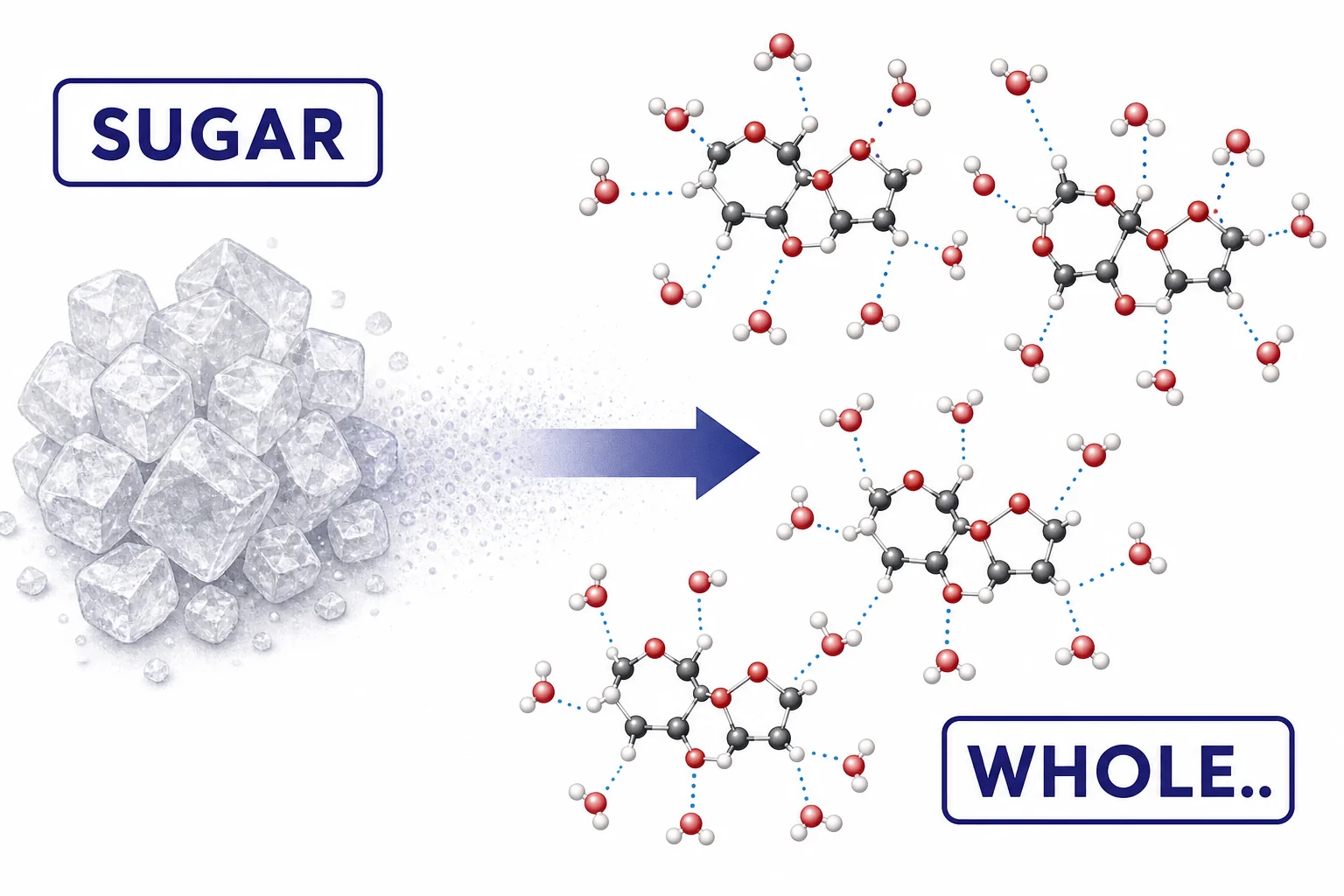 Sugar molecules dissolving in water while remaining as whole molecules rather than separating into ions.