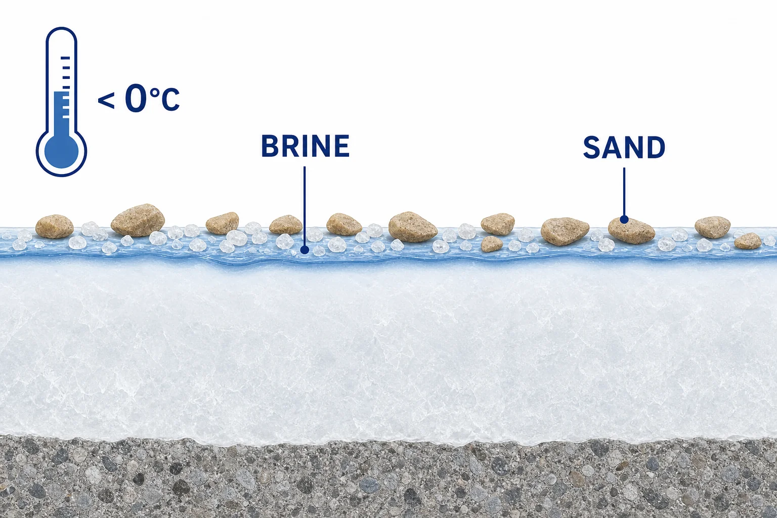 A winter road cross section showing salt dissolving into brine on ice, with sand shown separately adding traction without melting.