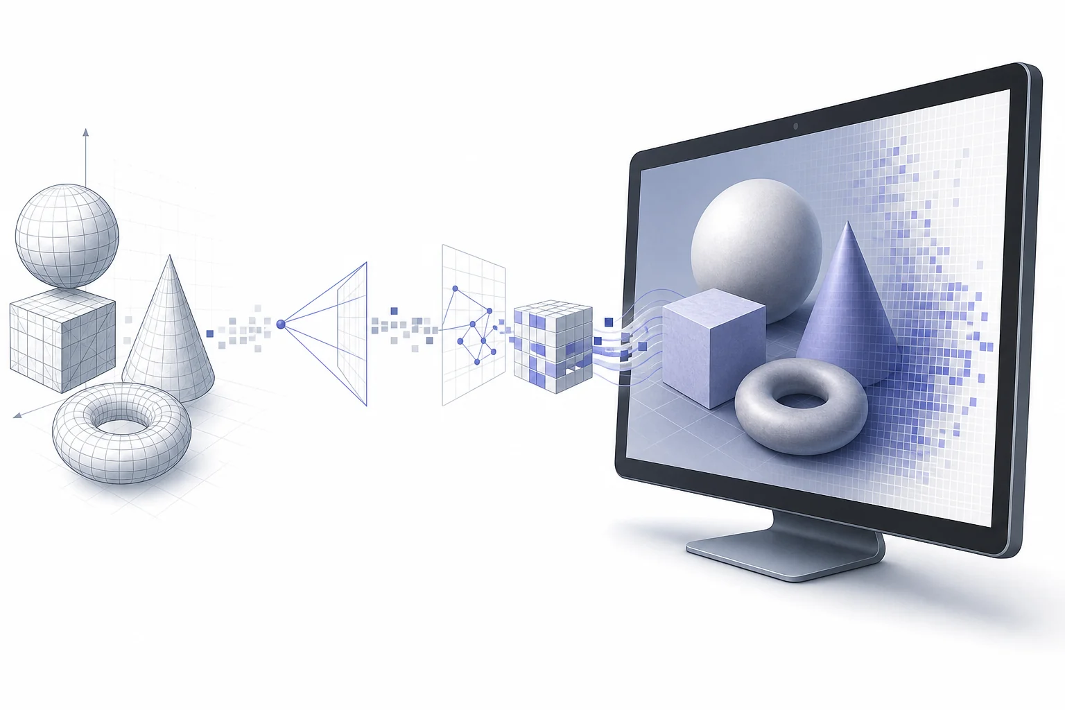 A computer game scene broken into a 3D model, camera view, pixel grid, and final image to show the rendering process.
