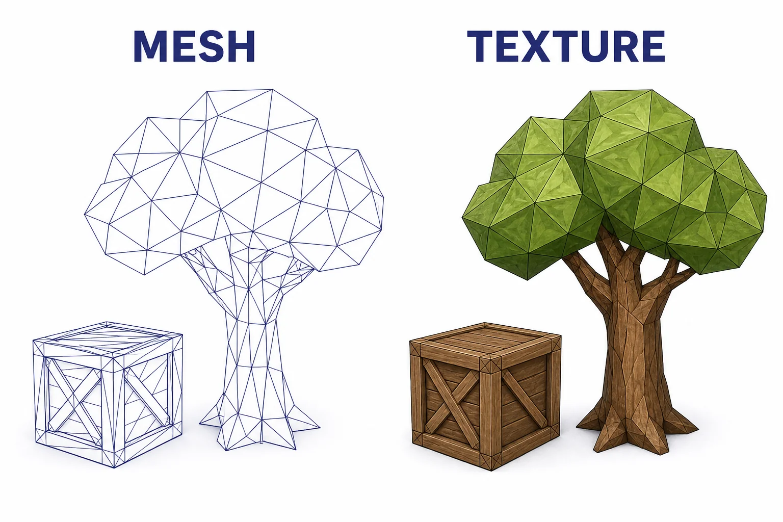 A simple 3D tree and crate shown as triangle meshes beside the same objects with textures applied.