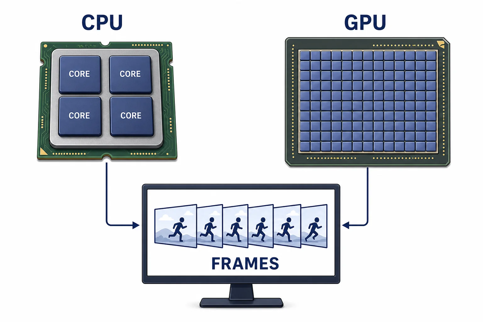 A CPU with a few large cores compared with a GPU with many small cores sending completed frames to a monitor.
