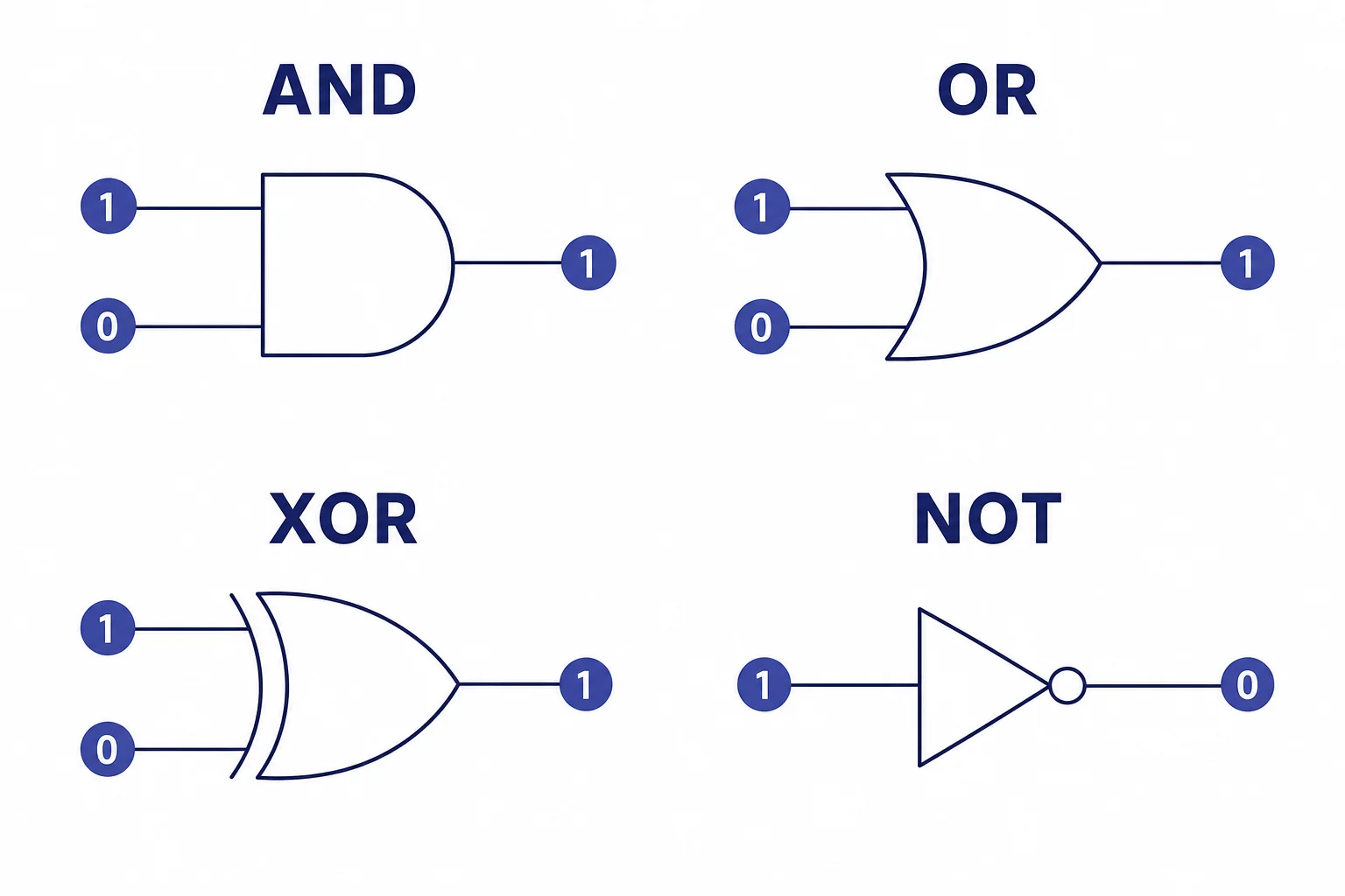 Four basic logic gates shown with two binary inputs and one binary output for each gate.
