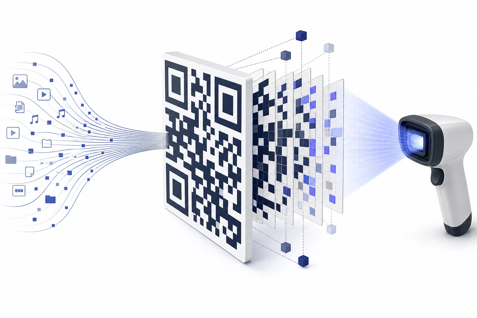 A QR code shown as a grid of black and white squares with a phone scanner reading its pattern