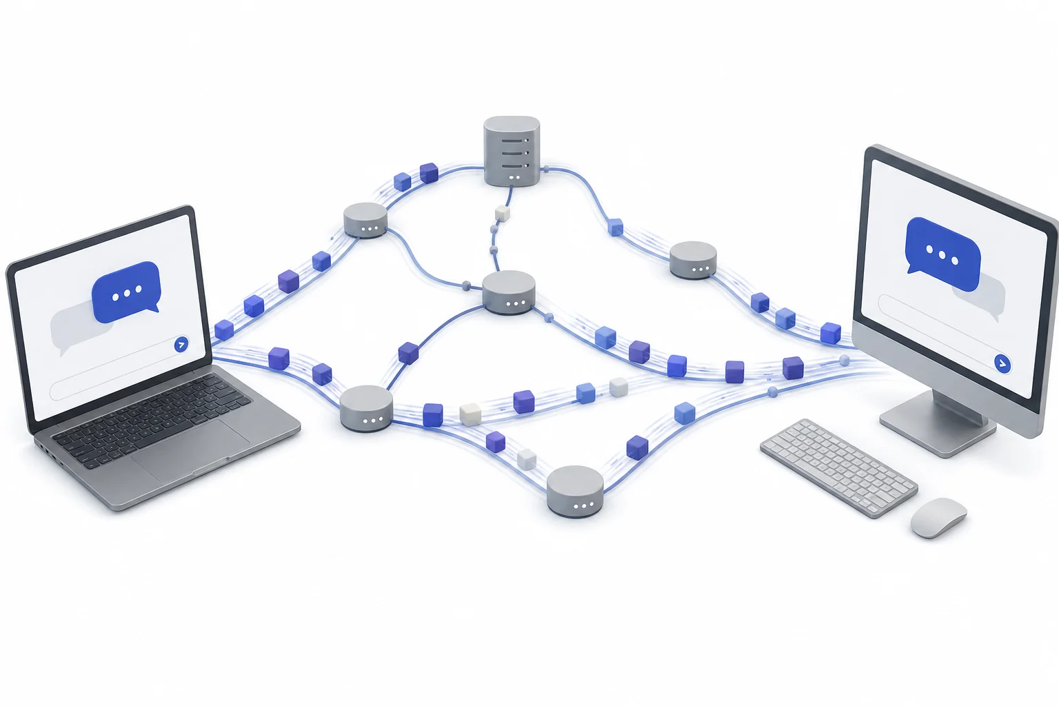 A phone sending a message through routers and cables to another phone across a simplified internet network.