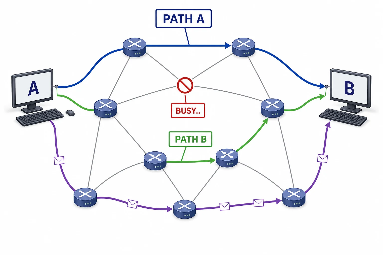 A web of network links showing three possible routes between two devices.