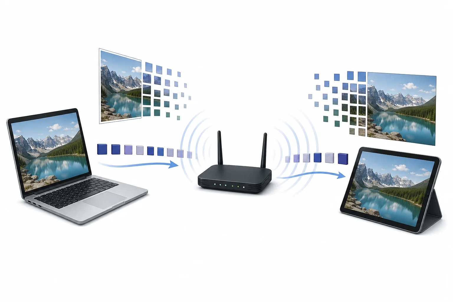 A router sending radio wave patterns between a tablet displaying a photo and a laptop receiving the same photo data.