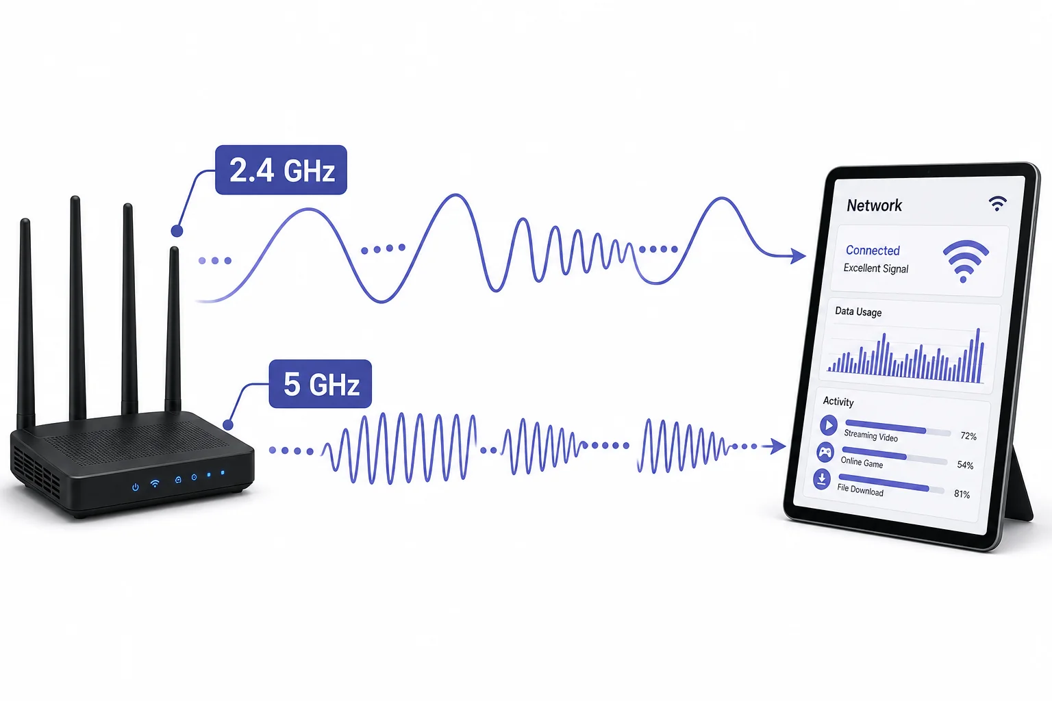 Two radio wave bands shown between a router and tablet, with wave patterns changing to represent data.