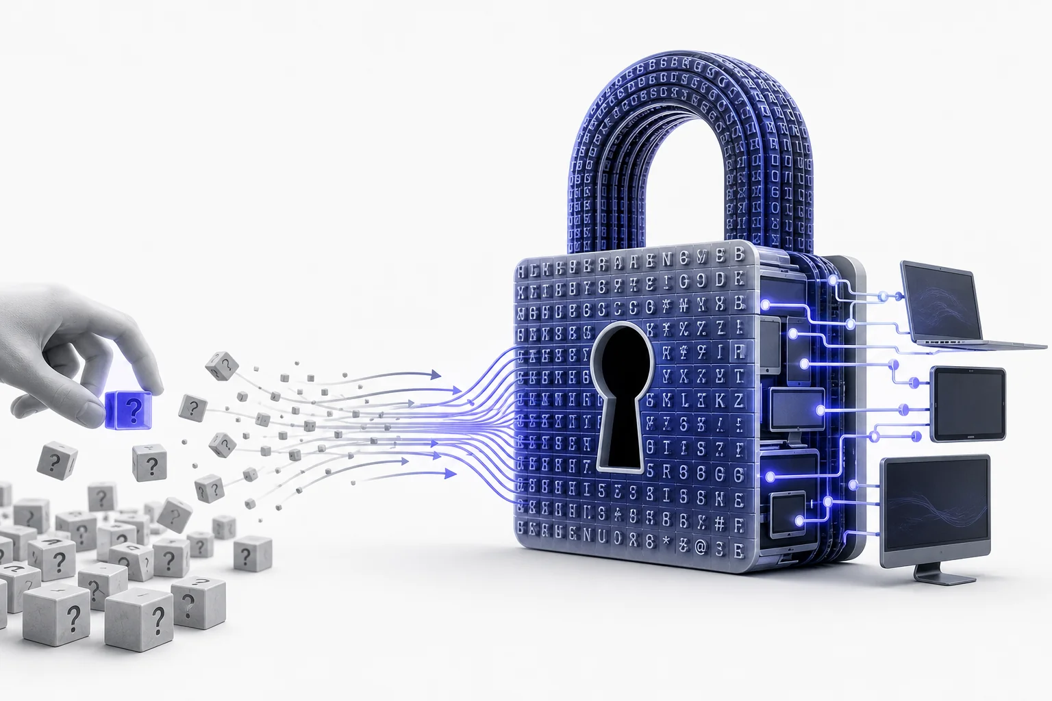 An educational illustration of a laptop login screen protected by a lock, with many possible password paths branching away from it.